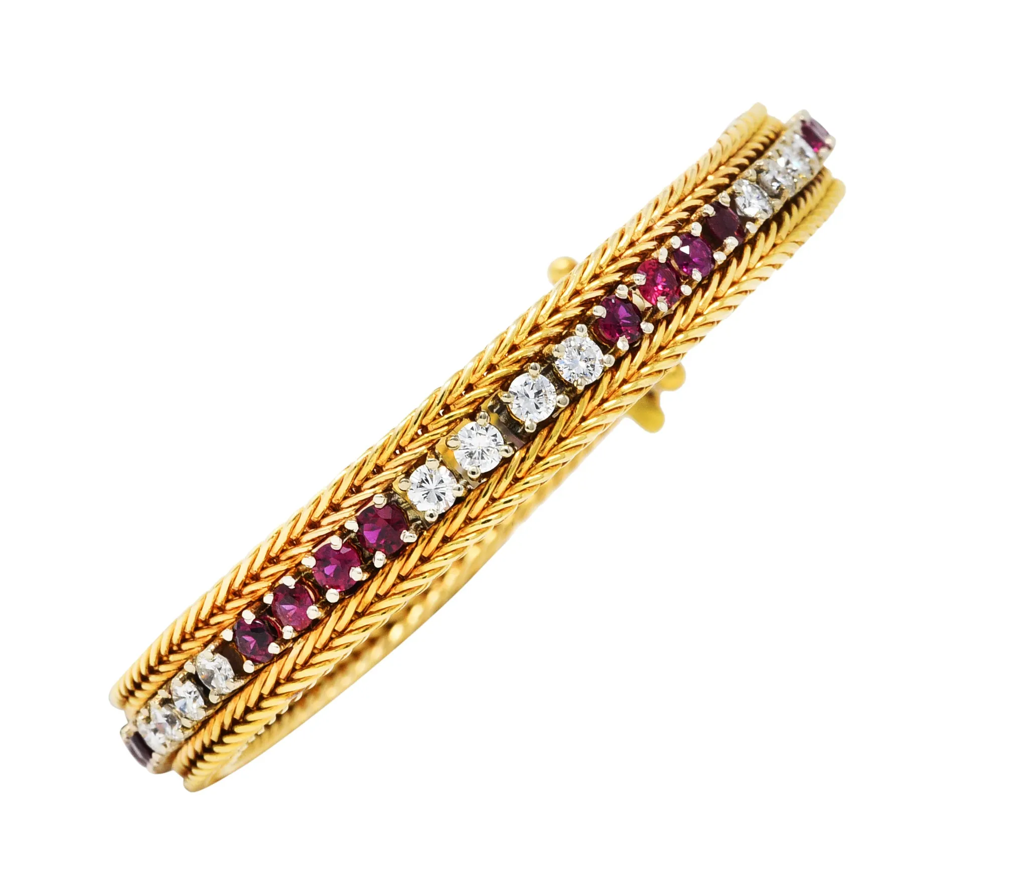 Vintage 5.00 CTW Diamond Ruby 18 Karat Two-Tone Gold Wheat Line Bracelet