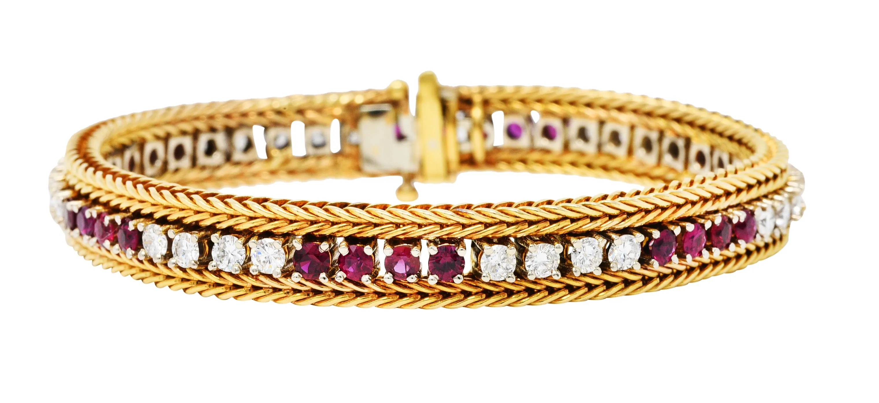 Vintage 5.00 CTW Diamond Ruby 18 Karat Two-Tone Gold Wheat Line Bracelet