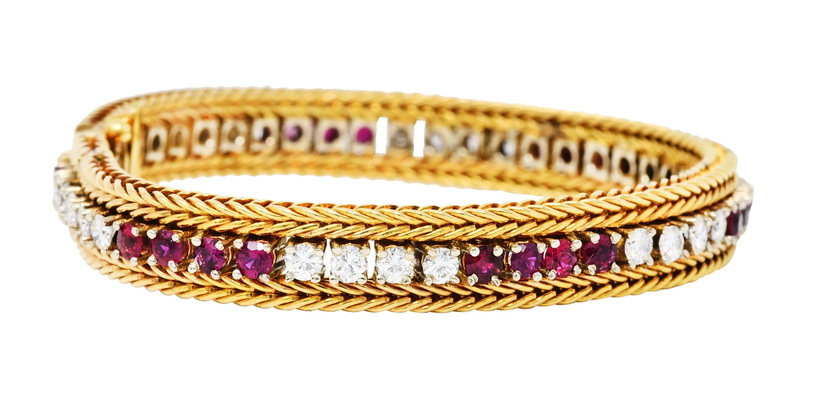 Vintage 5.00 CTW Diamond Ruby 18 Karat Two-Tone Gold Wheat Line Bracelet