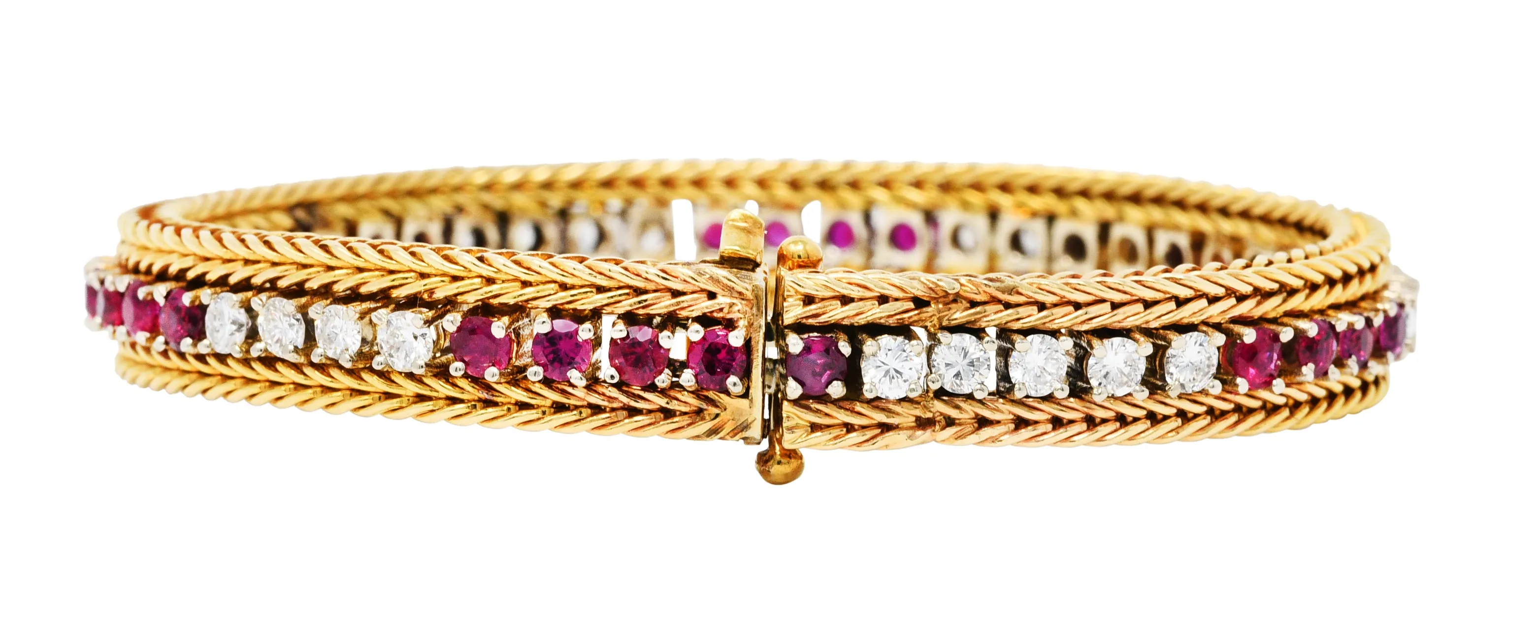 Vintage 5.00 CTW Diamond Ruby 18 Karat Two-Tone Gold Wheat Line Bracelet