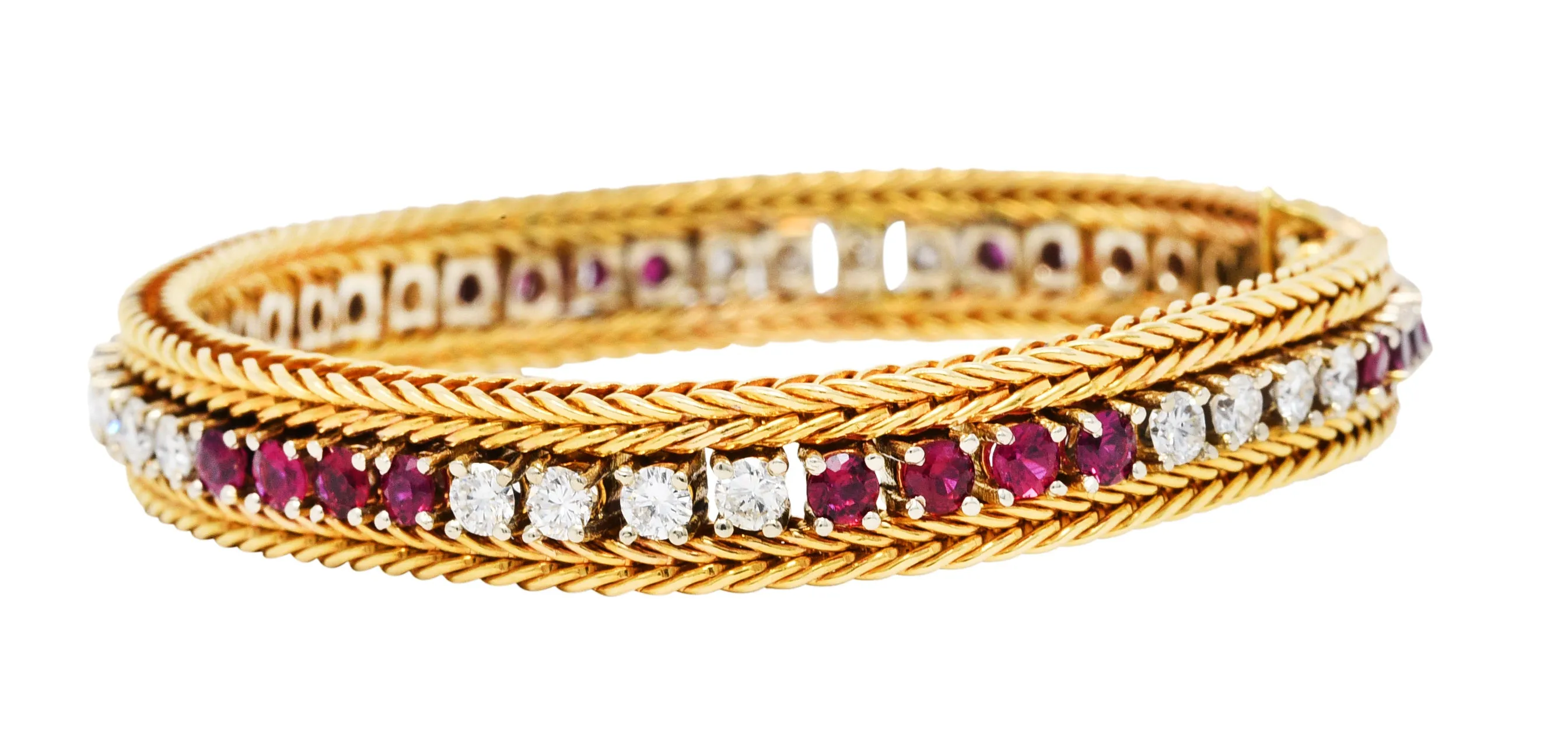 Vintage 5.00 CTW Diamond Ruby 18 Karat Two-Tone Gold Wheat Line Bracelet