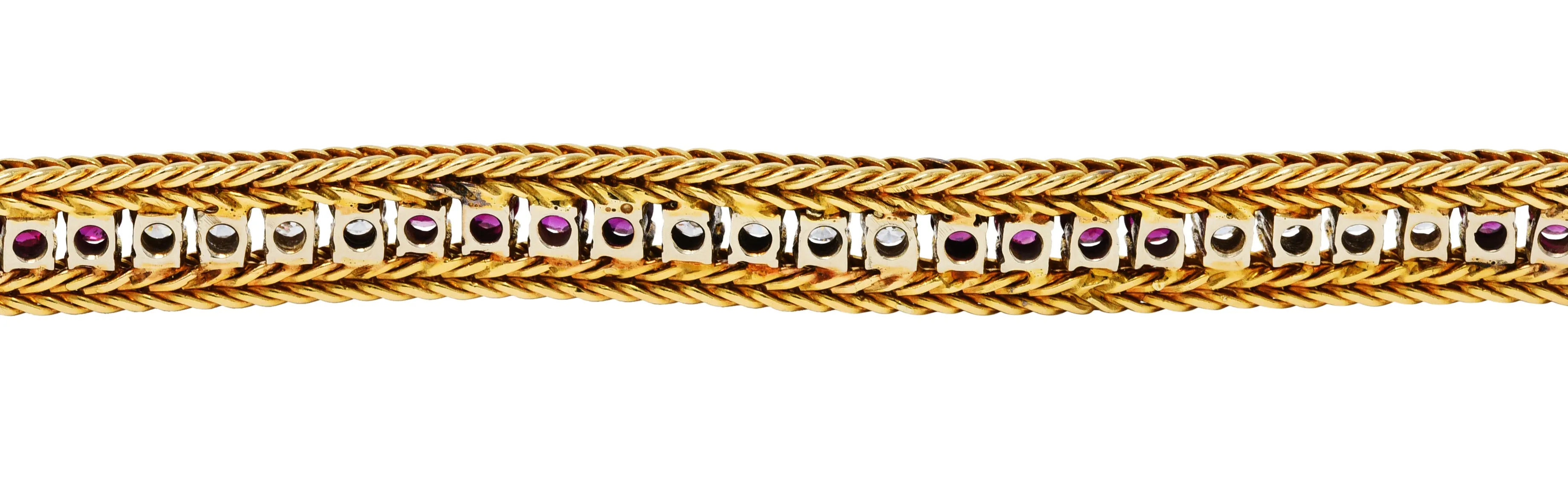 Vintage 5.00 CTW Diamond Ruby 18 Karat Two-Tone Gold Wheat Line Bracelet