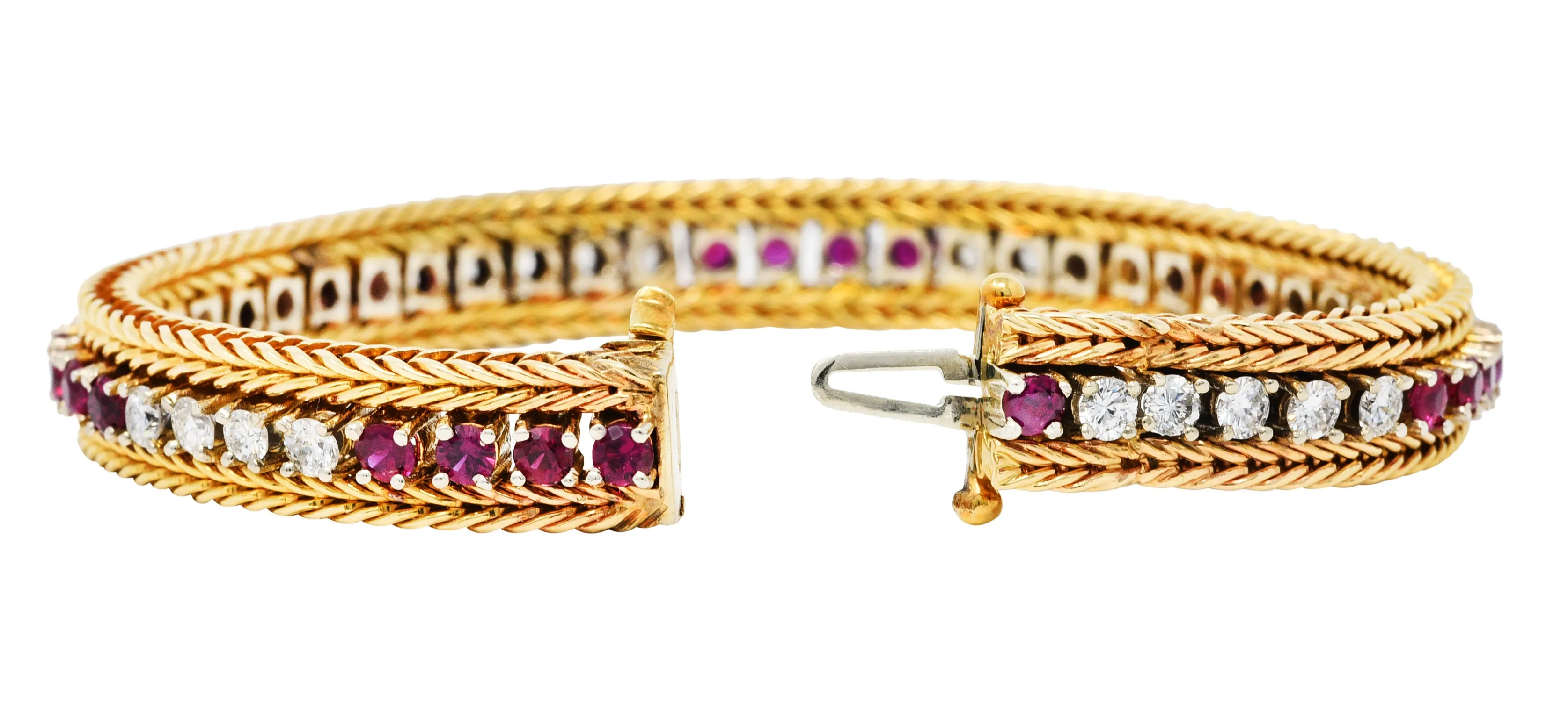 Vintage 5.00 CTW Diamond Ruby 18 Karat Two-Tone Gold Wheat Line Bracelet