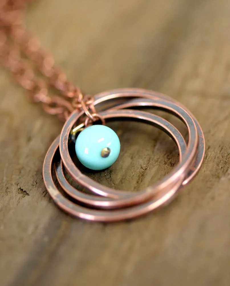 Vintage Blue Bead Copper Trinity Ring Necklace (S0182)