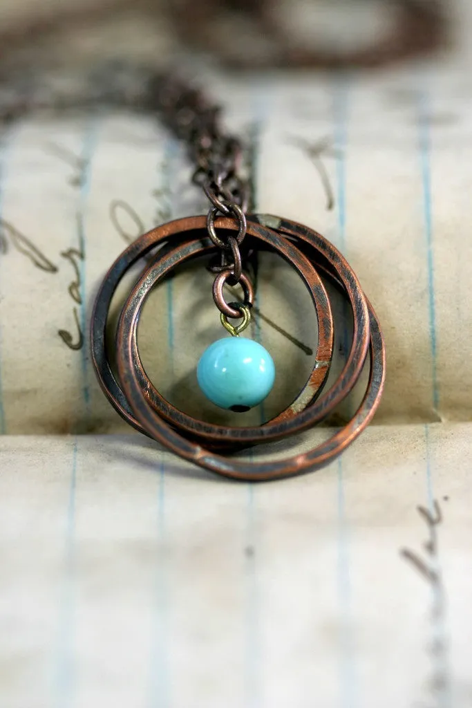 Vintage Blue Bead Copper Trinity Ring Necklace (S0182)