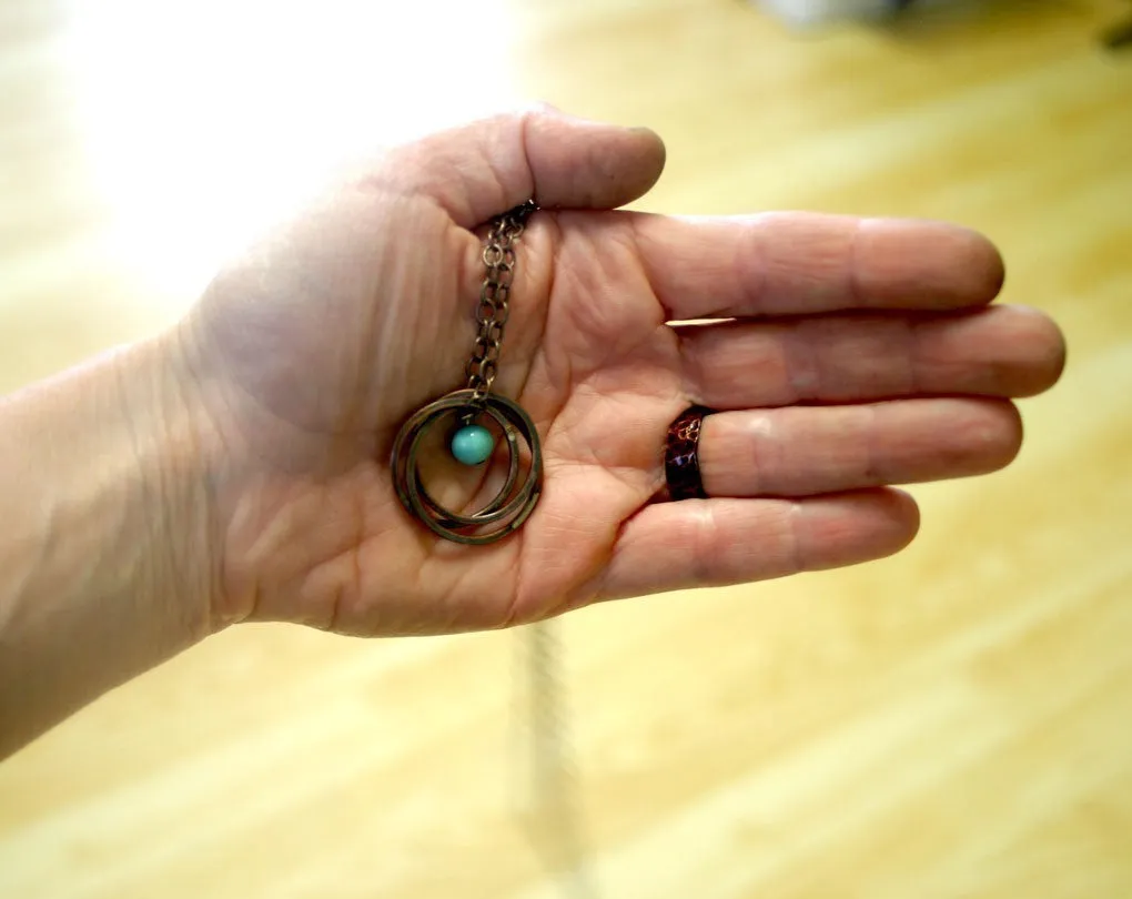 Vintage Blue Bead Copper Trinity Ring Necklace (S0182)