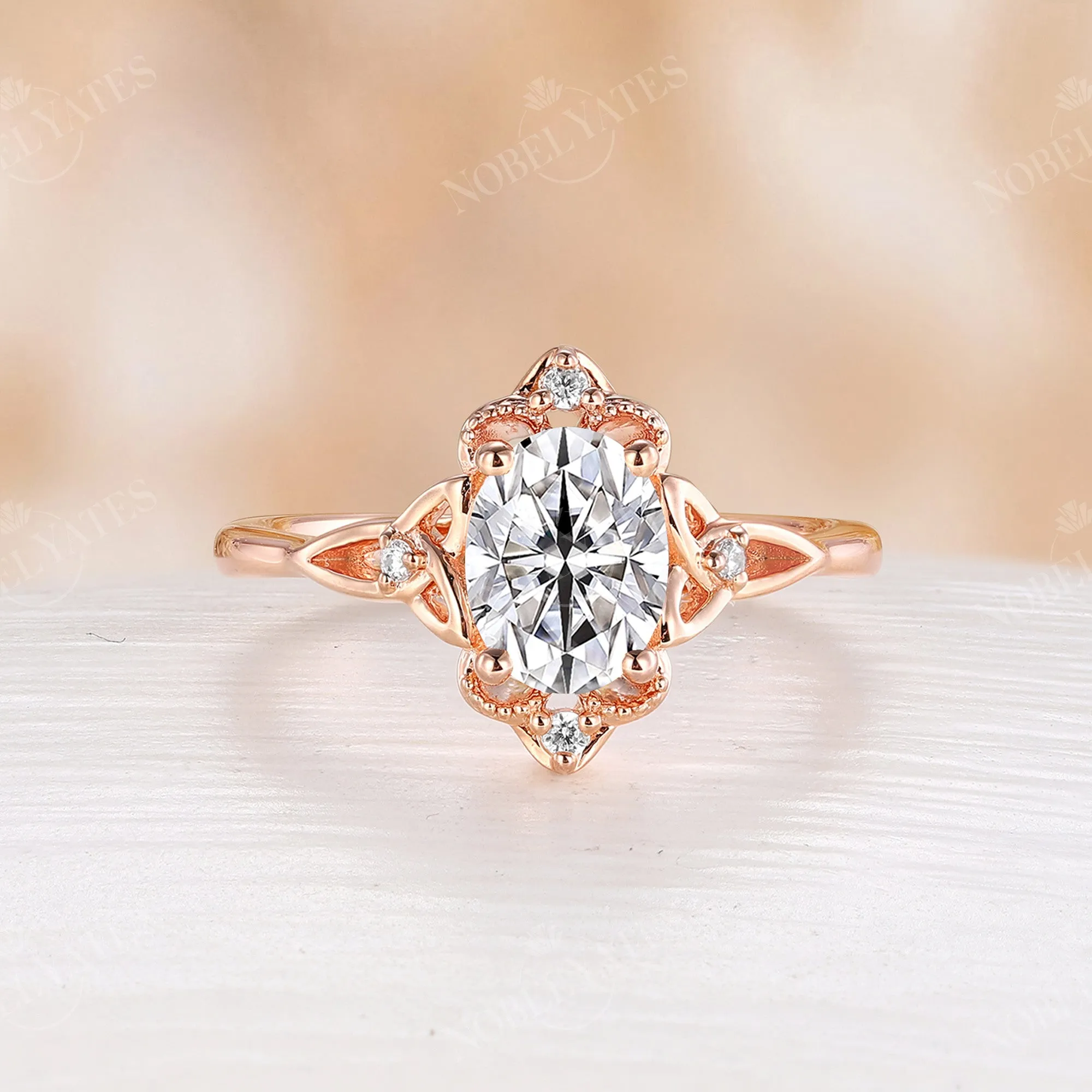 Vintage Celtic Oval Cut Moissanite Rose Gold Engagement Ring