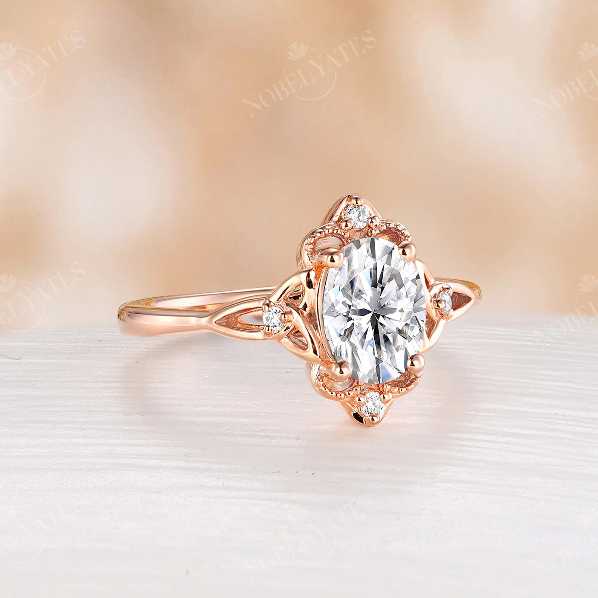 Vintage Celtic Oval Cut Moissanite Rose Gold Engagement Ring