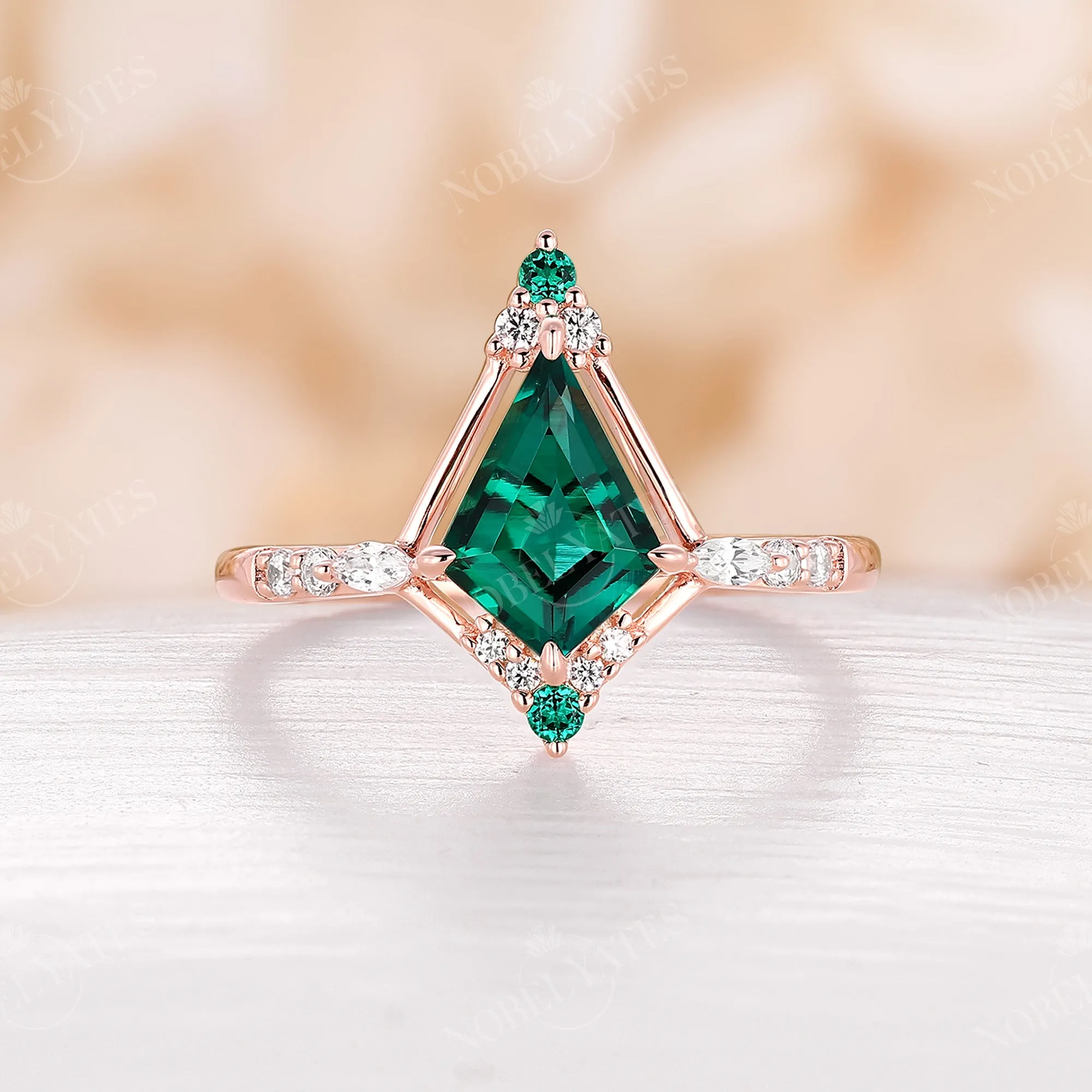 Vintage Kite Shape Lab Emerald Rose Gold Engagement Ring