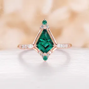 Vintage Kite Shape Lab Emerald Rose Gold Engagement Ring