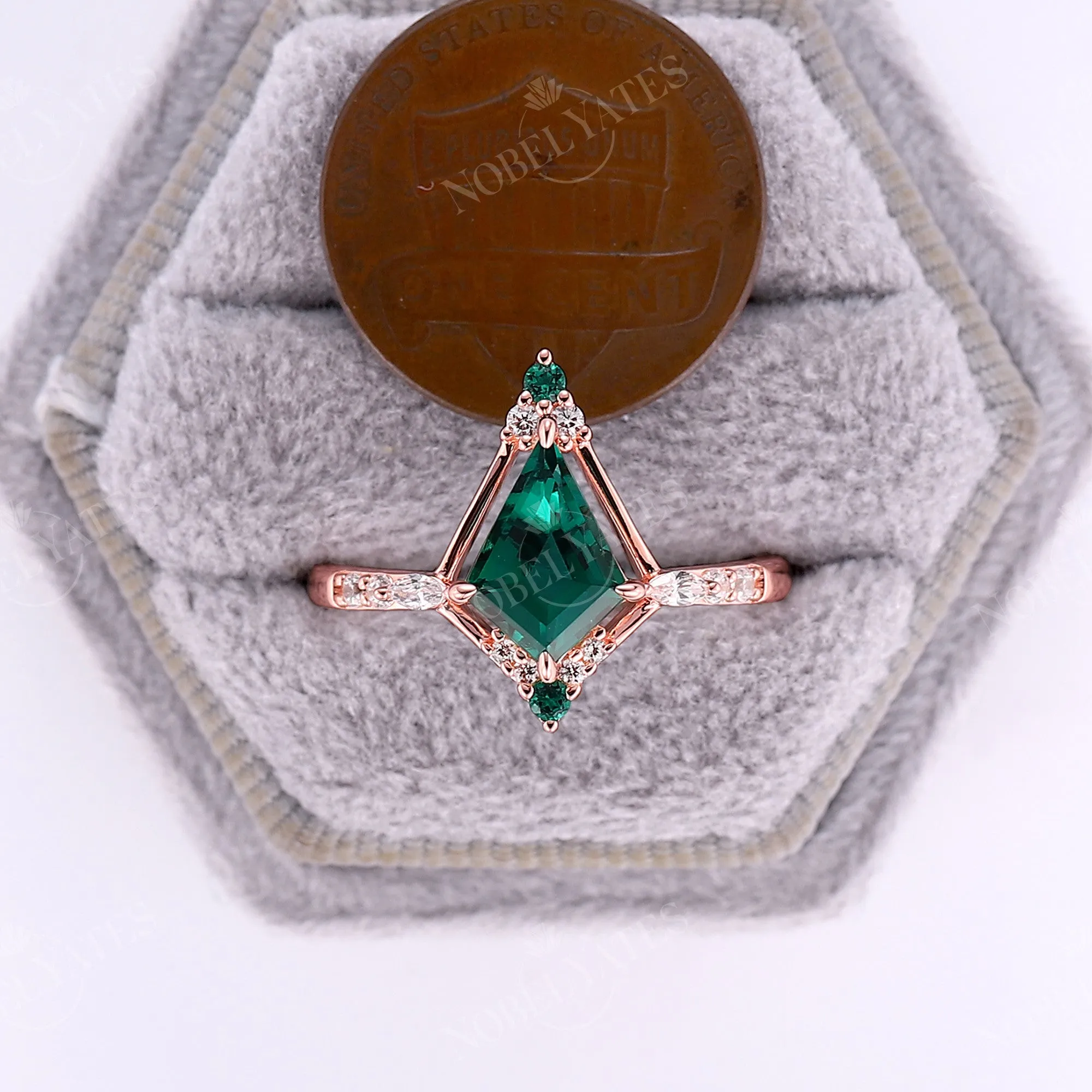 Vintage Kite Shape Lab Emerald Rose Gold Engagement Ring