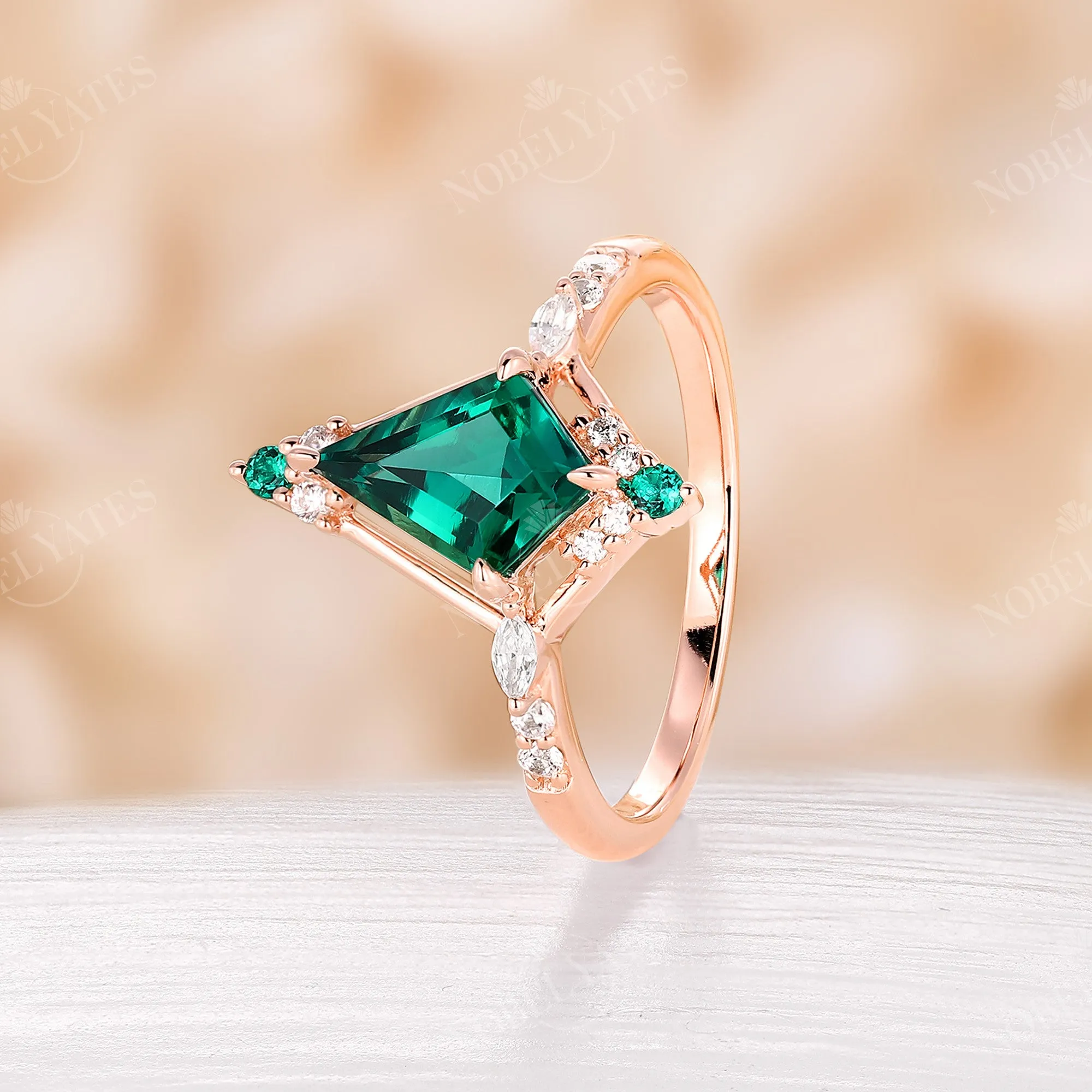 Vintage Kite Shape Lab Emerald Rose Gold Engagement Ring