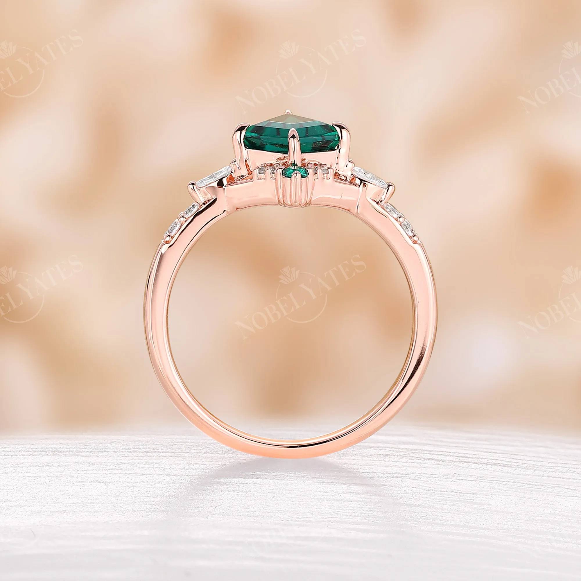 Vintage Kite Shape Lab Emerald Rose Gold Engagement Ring