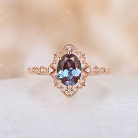 Vintage Lab Alexandrite Oval  Cut Milgrain Engagement Ring