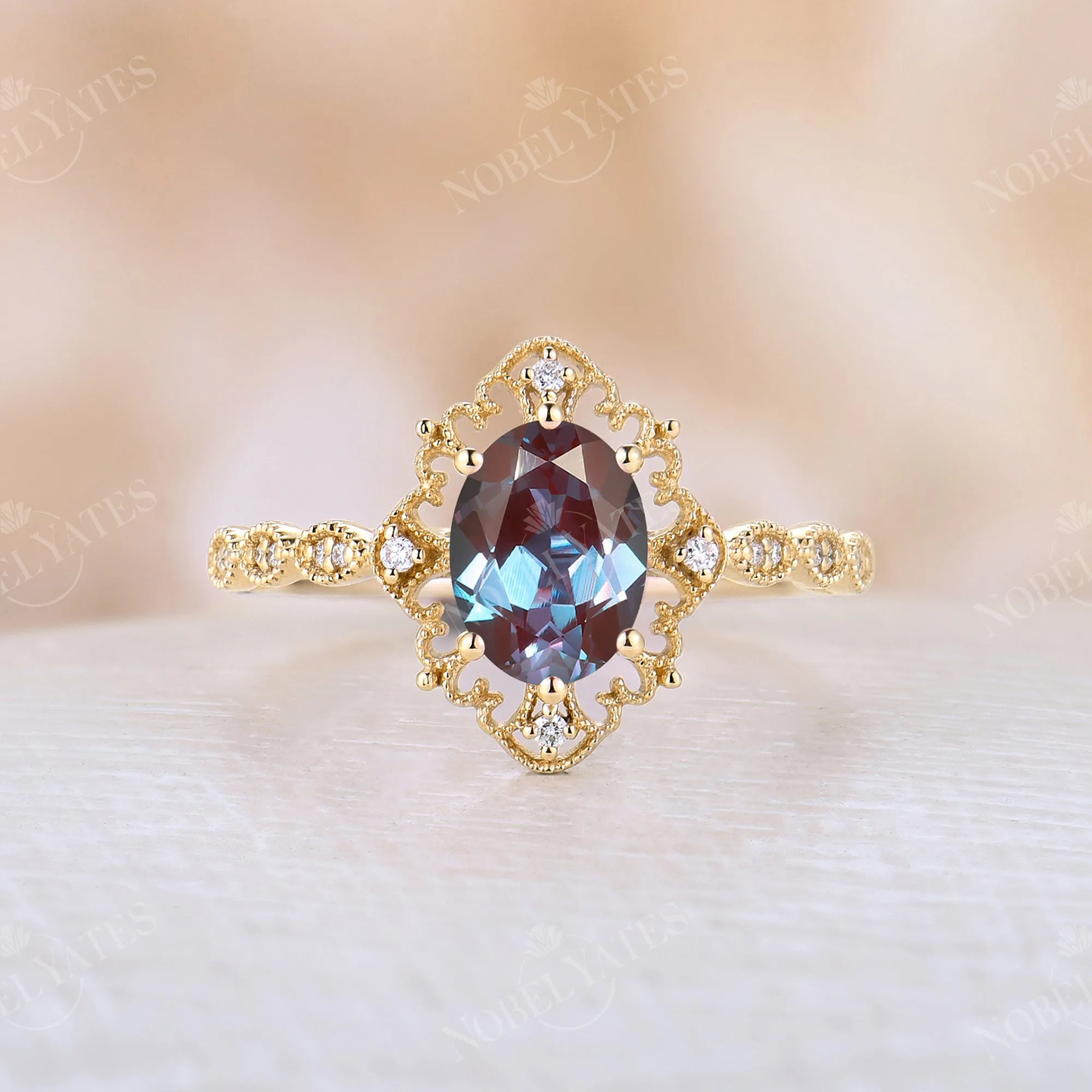 Vintage Lab Alexandrite Oval  Cut Milgrain Engagement Ring