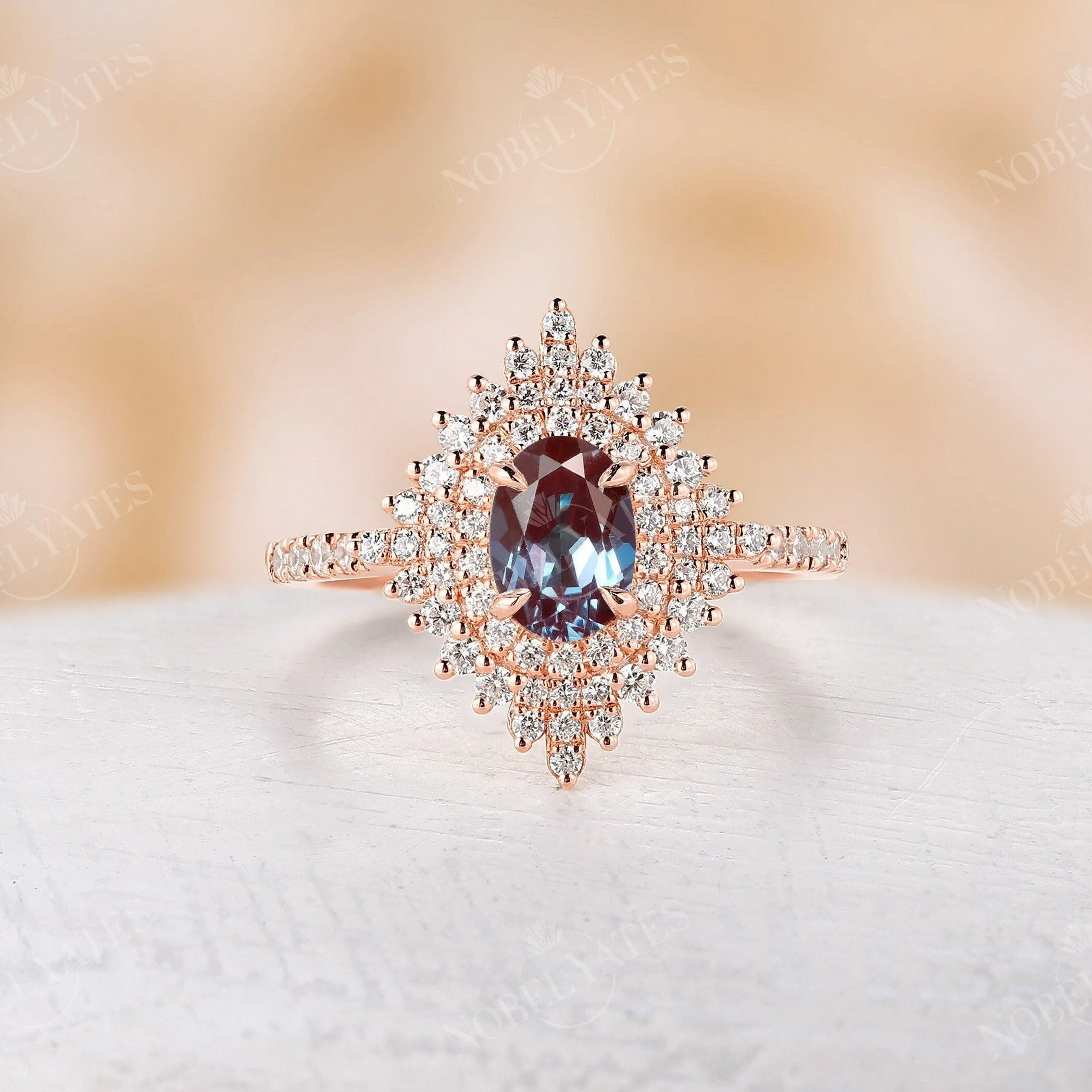 Vintage Oval Alexandrite Halo Engagement Ring Rose Gold