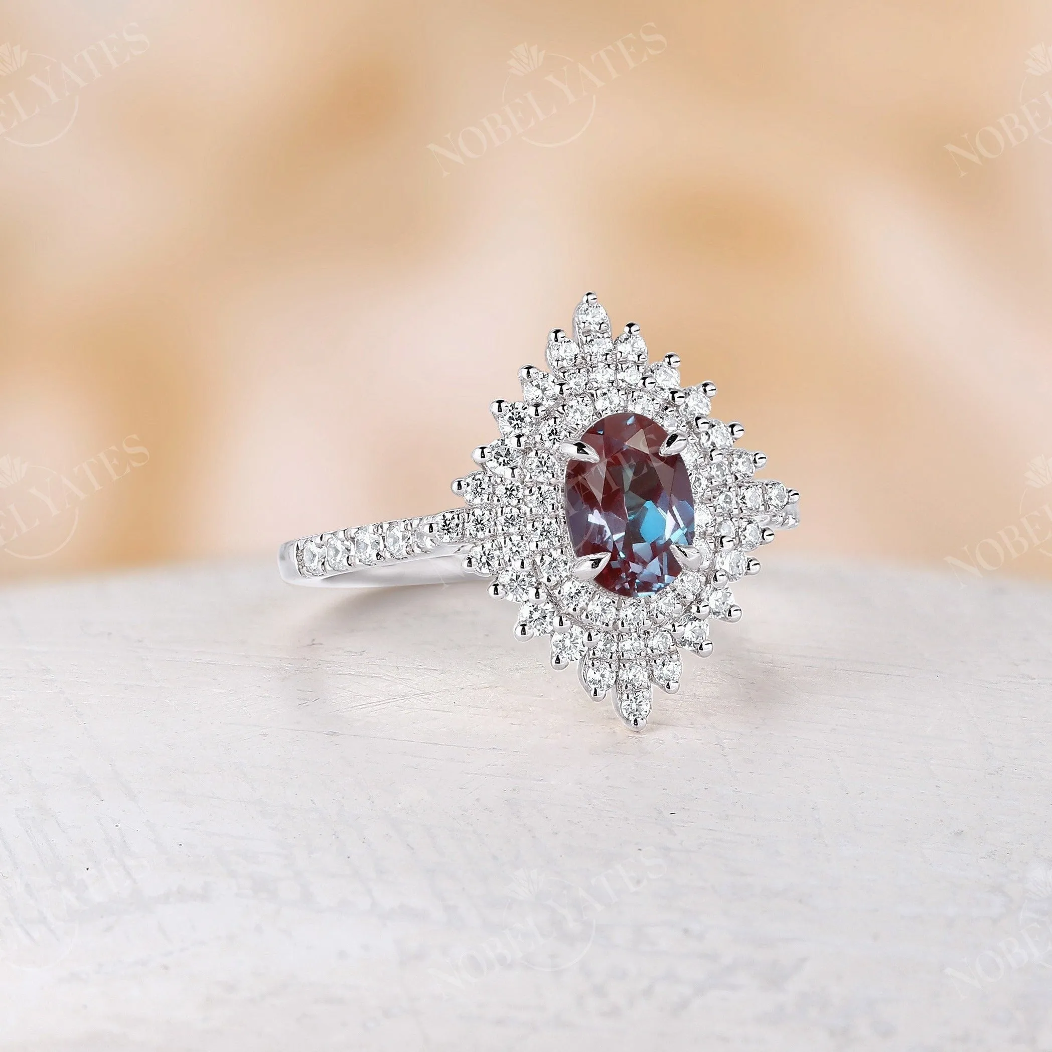 Vintage Oval Alexandrite Halo Engagement Ring Rose Gold