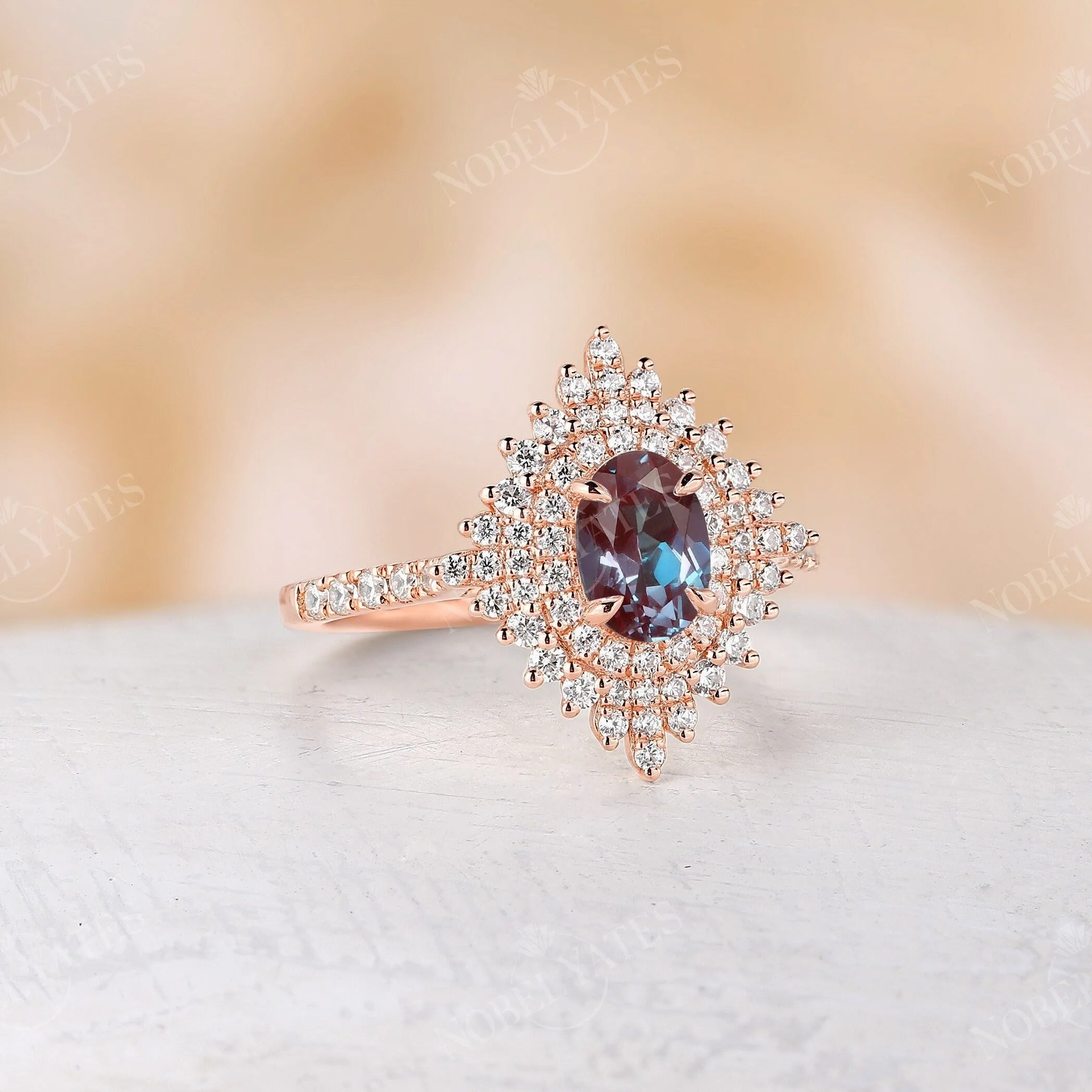 Vintage Oval Alexandrite Halo Engagement Ring Rose Gold