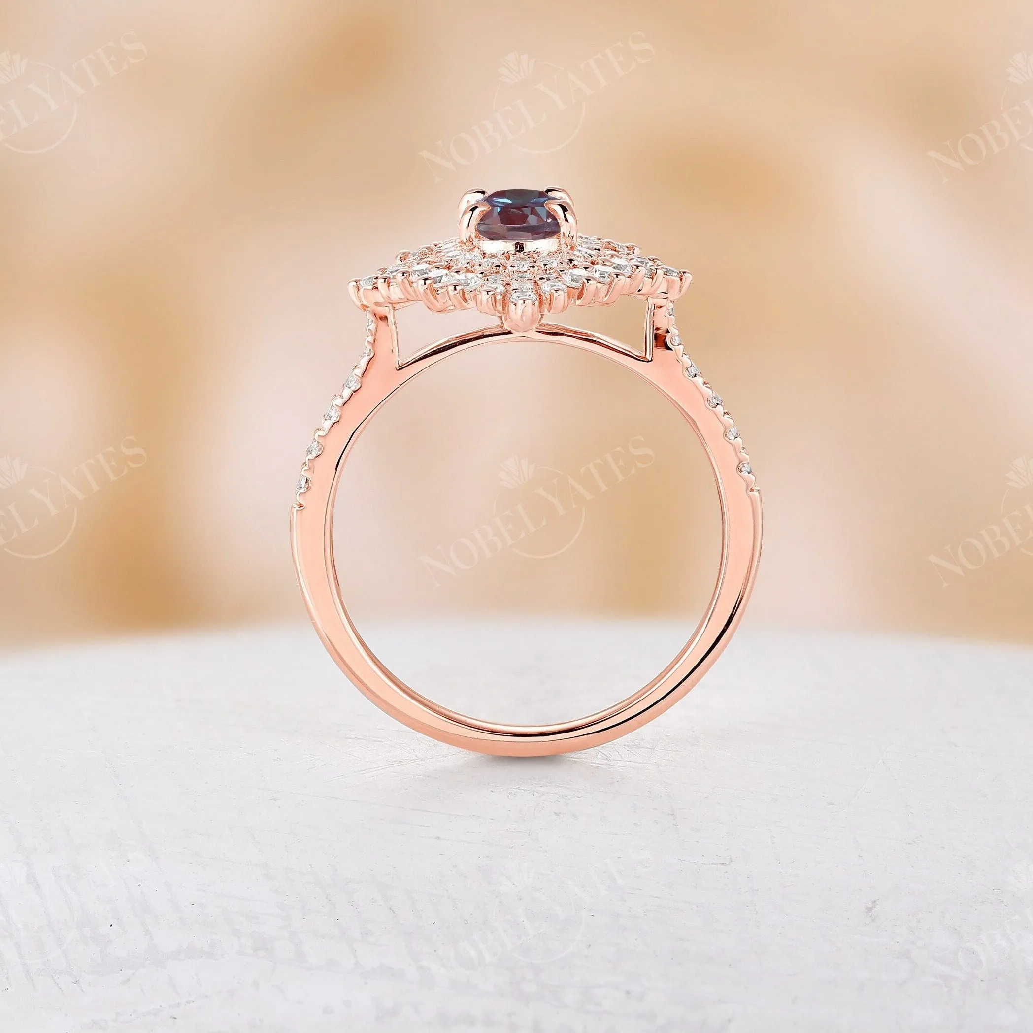 Vintage Oval Alexandrite Halo Engagement Ring Rose Gold