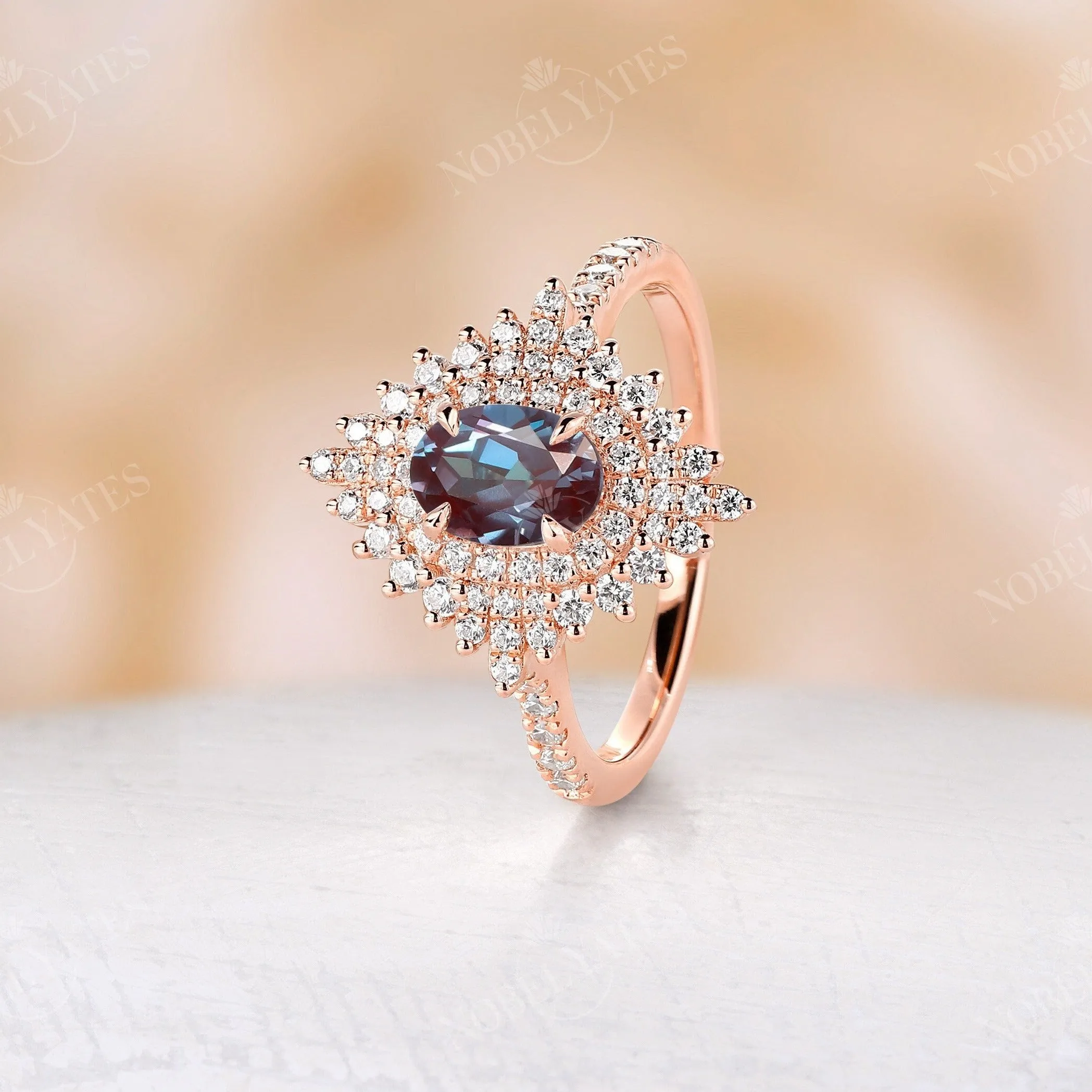 Vintage Oval Alexandrite Halo Engagement Ring Rose Gold