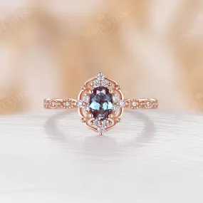 Vintage Oval Lab Alexandrite Rose Gold Milgrain Engagement Ring