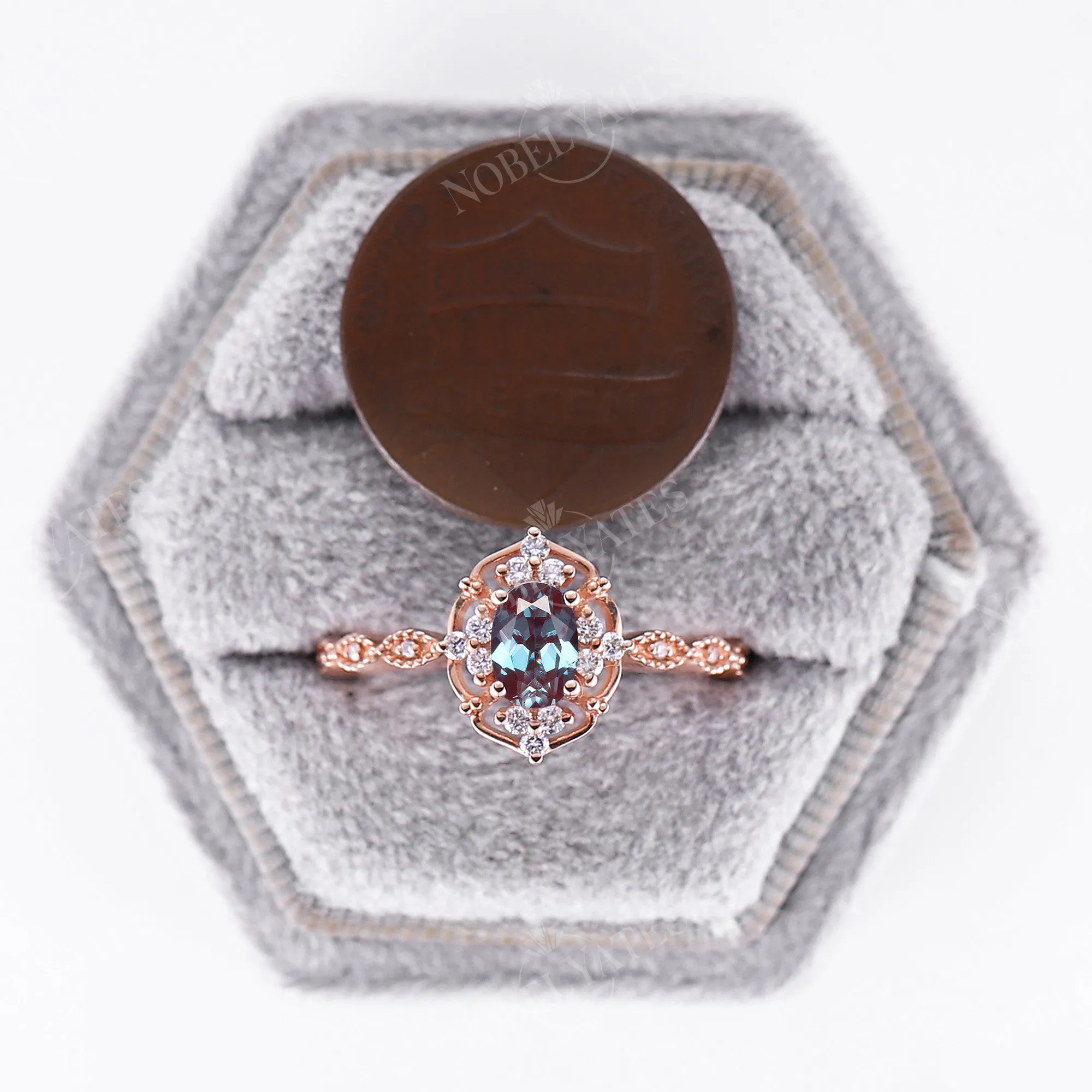 Vintage Oval Lab Alexandrite Rose Gold Milgrain Engagement Ring