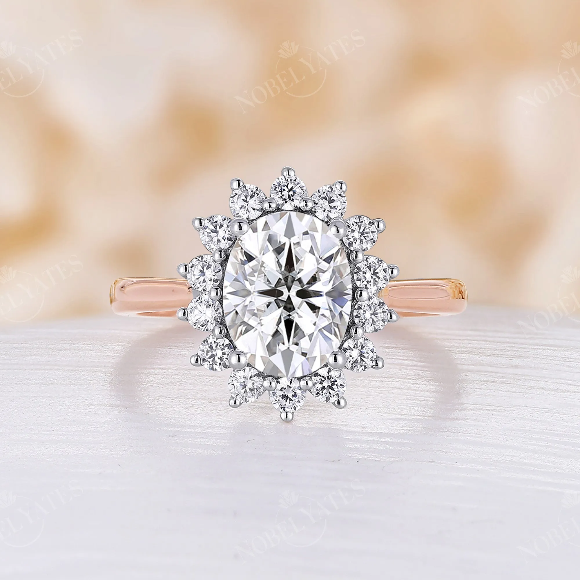 Vintage Oval Moissanite Halo Two Tones Engagement Ring