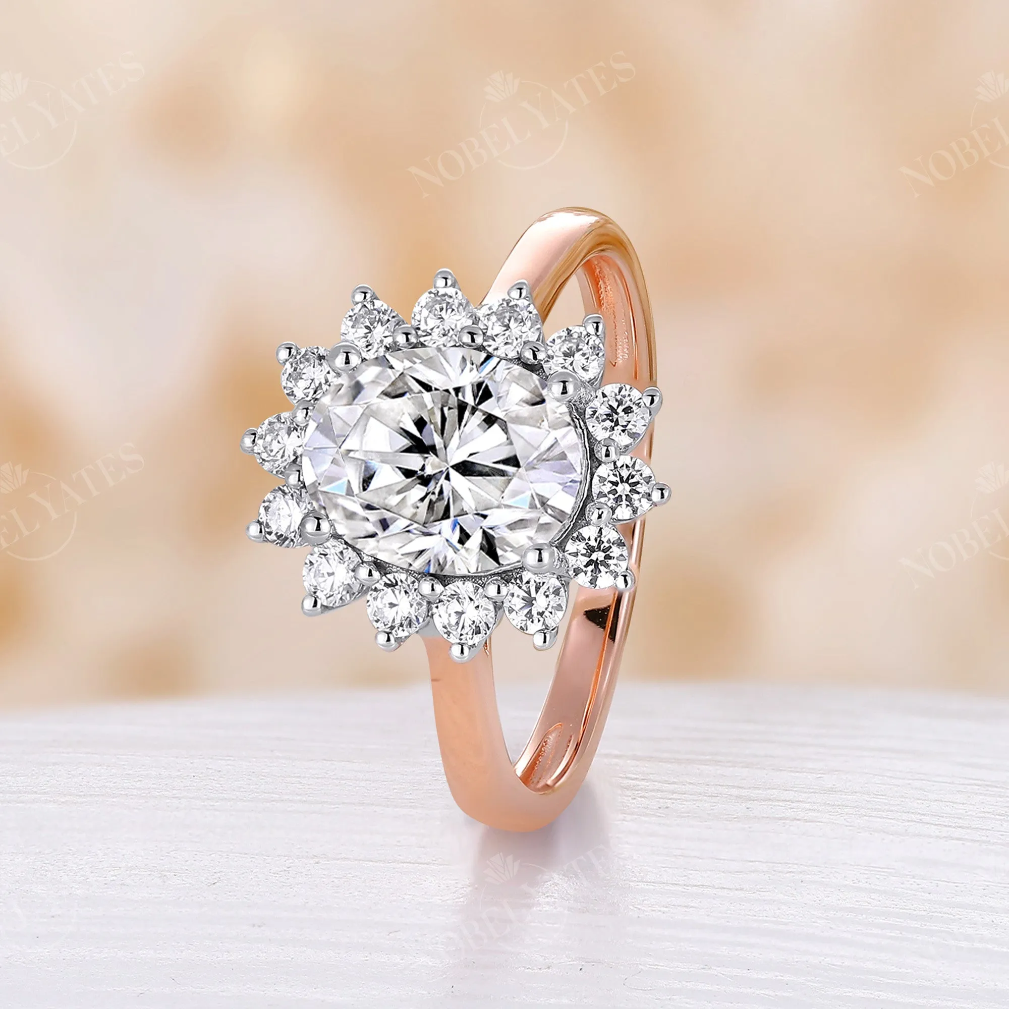 Vintage Oval Moissanite Halo Two Tones Engagement Ring