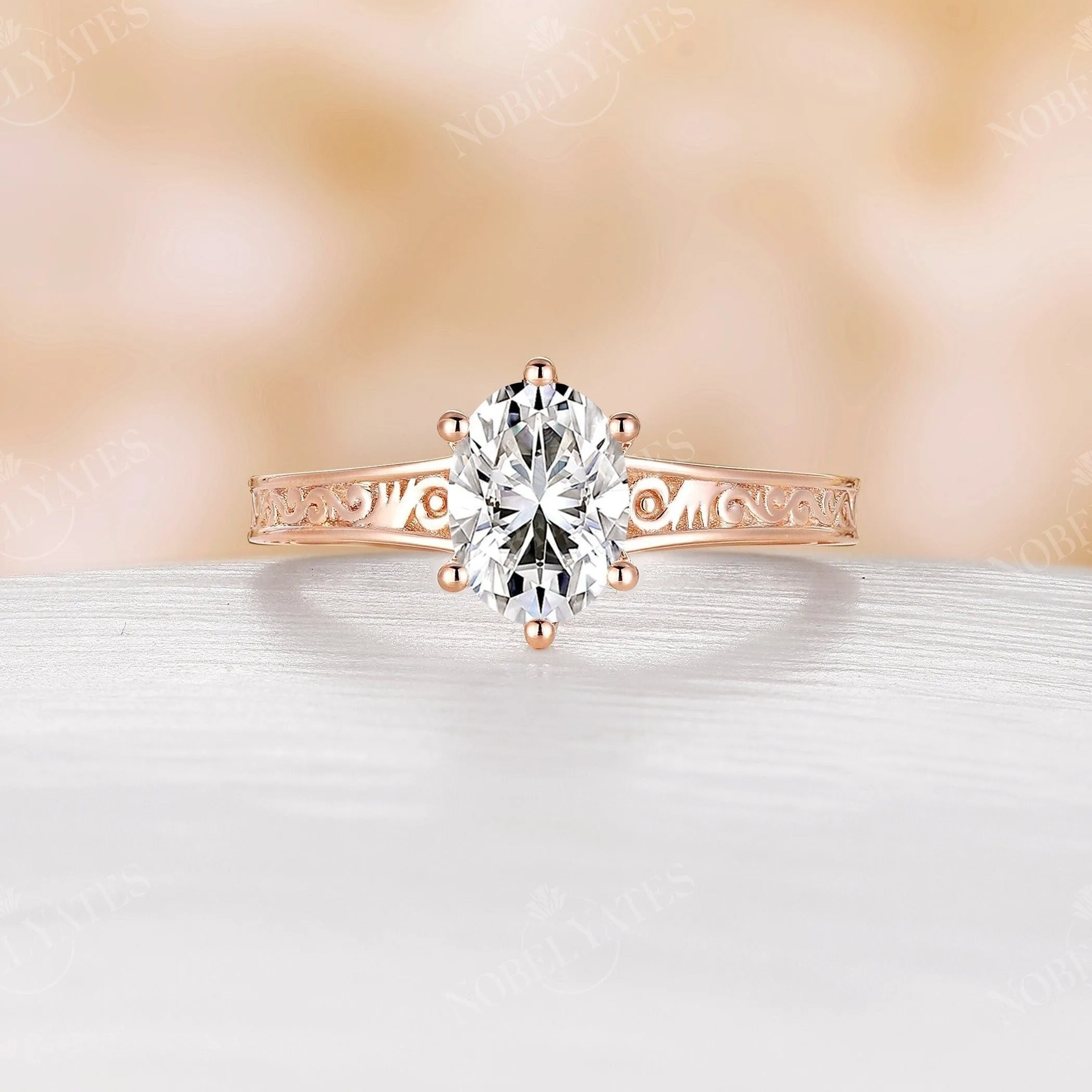 Vintage Oval Moissanite Solitaire Filigree Engagement Ring Rose gold