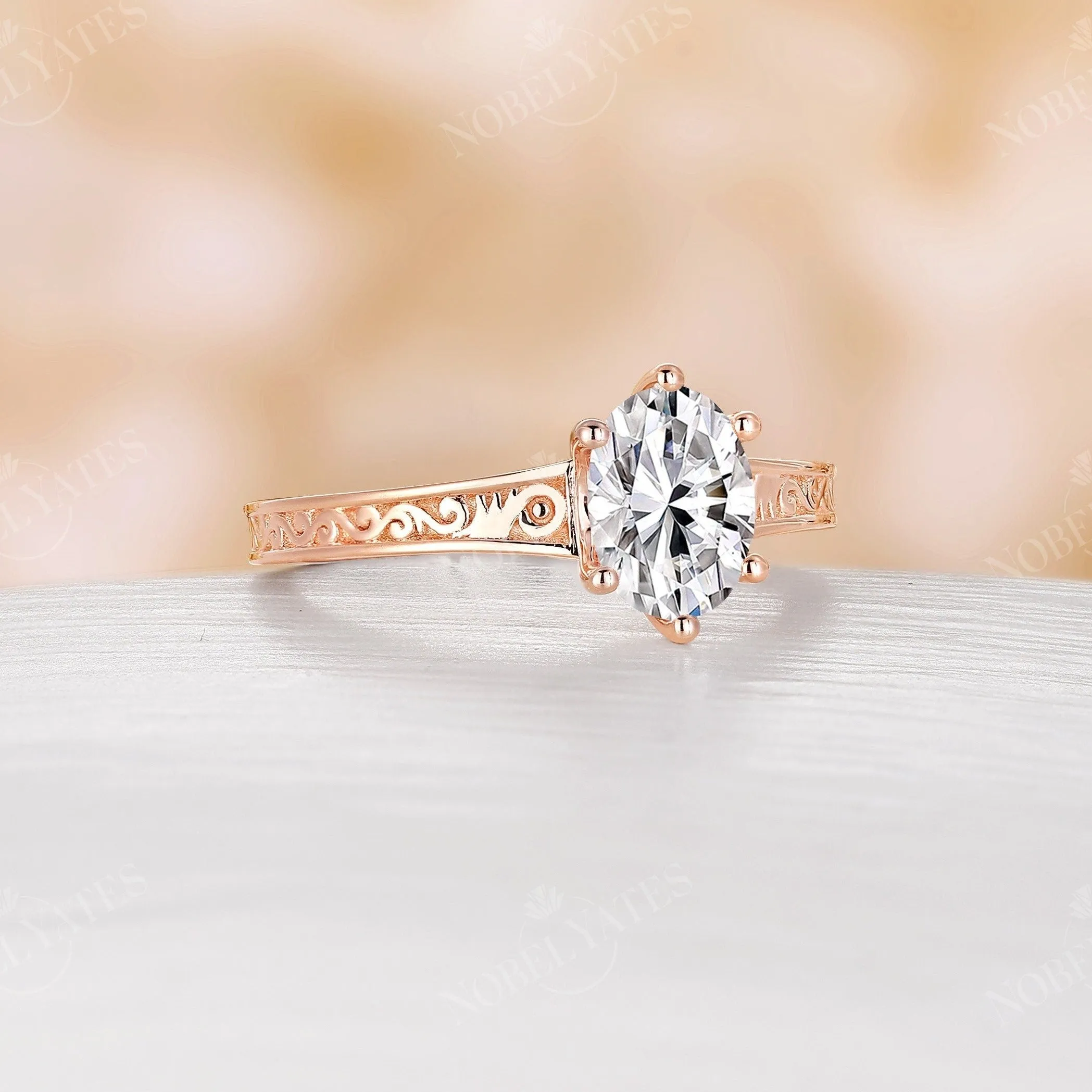 Vintage Oval Moissanite Solitaire Filigree Engagement Ring Rose gold