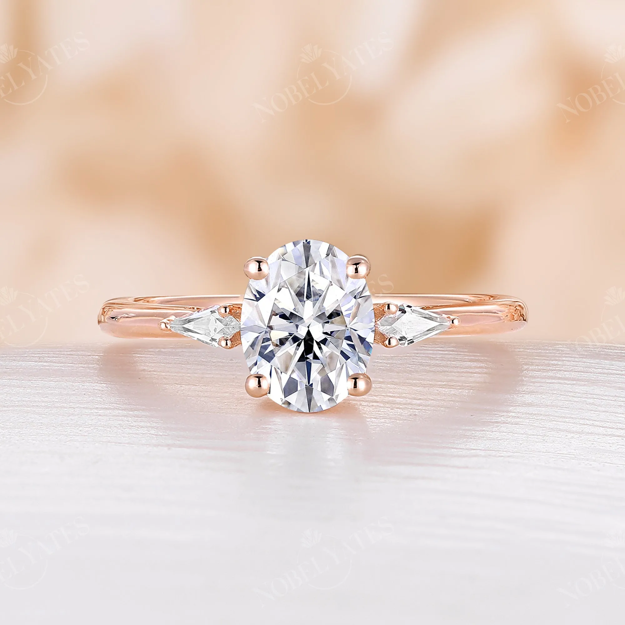 Vintage Oval Moissanite Three Stone Engagement Ring Rose Gold