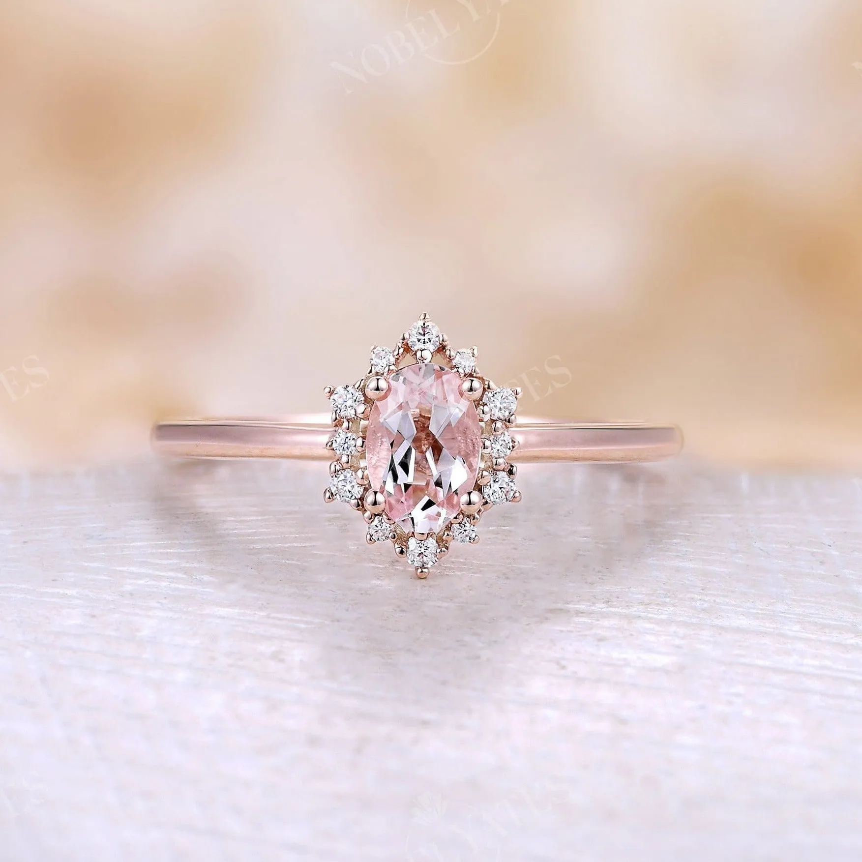 Vintage Oval Morganite Halo Engagement Ring Rose Gold