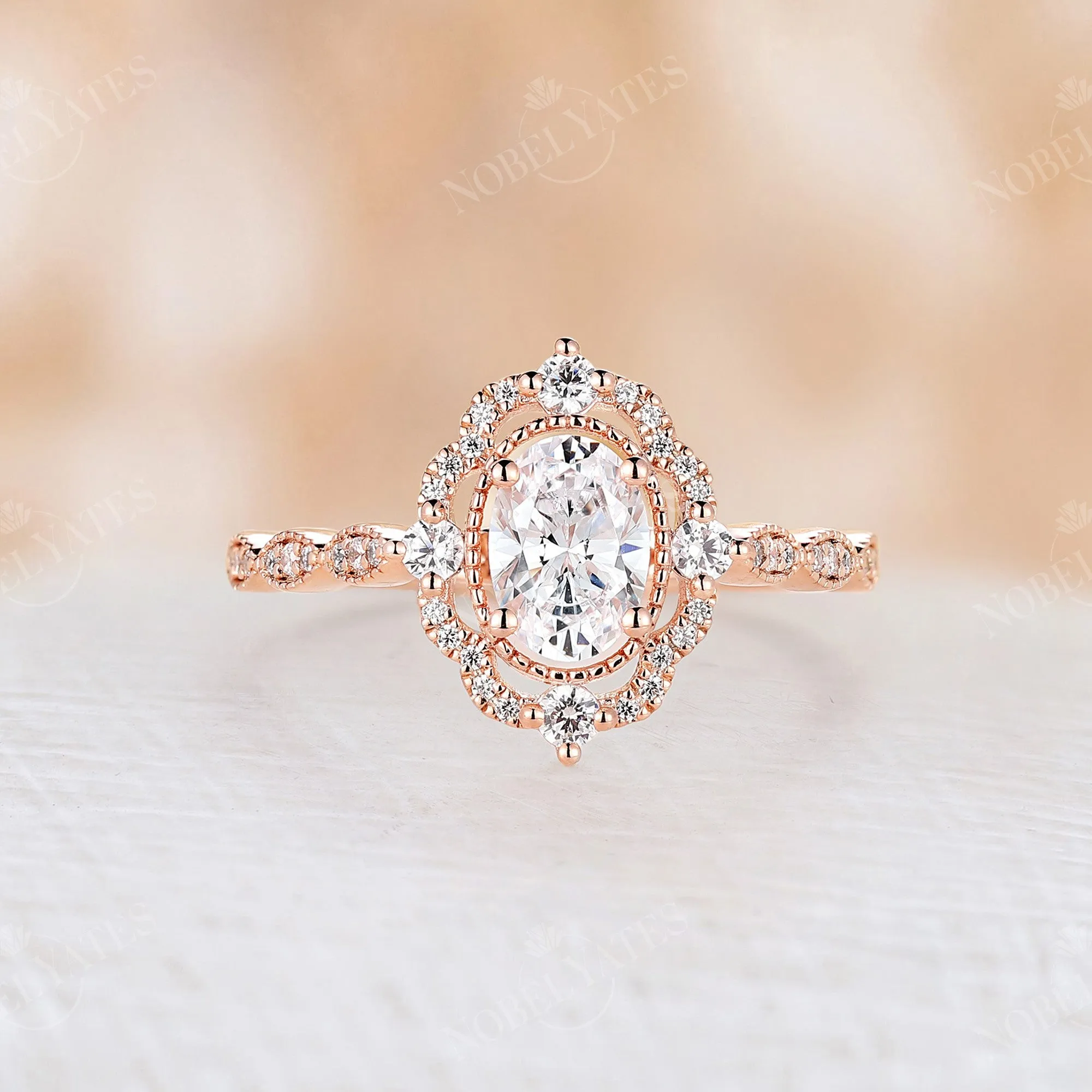 Vintage Oval Shape Moissanite Rose Gold Milgrain Engagement Ring