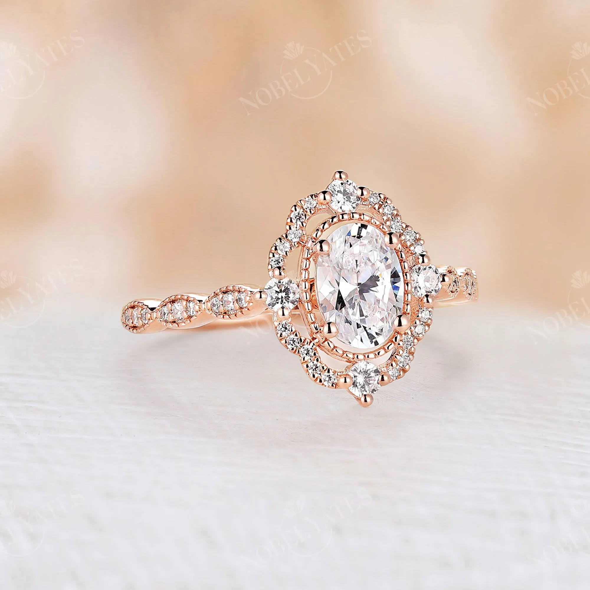 Vintage Oval Shape Moissanite Rose Gold Milgrain Engagement Ring