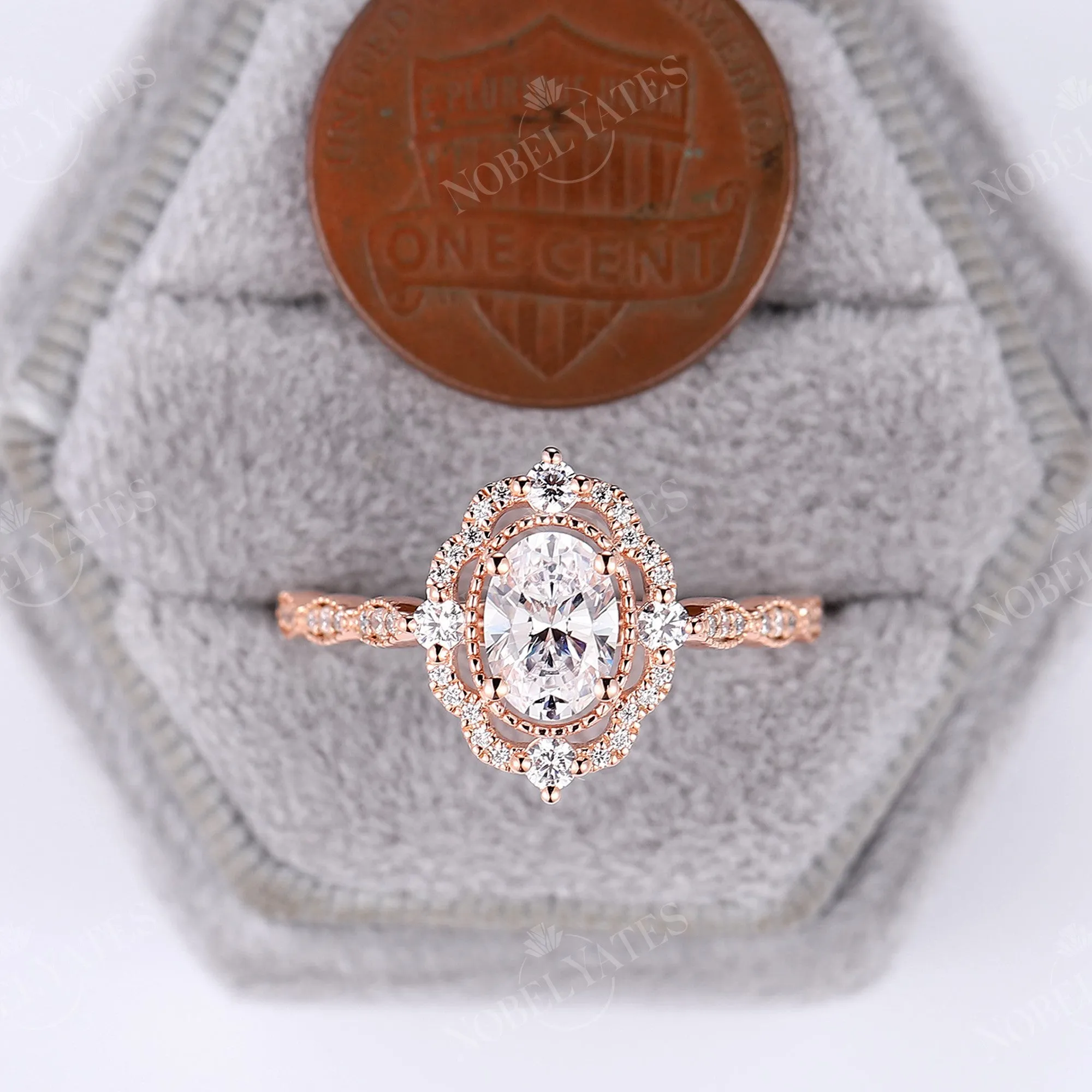 Vintage Oval Shape Moissanite Rose Gold Milgrain Engagement Ring