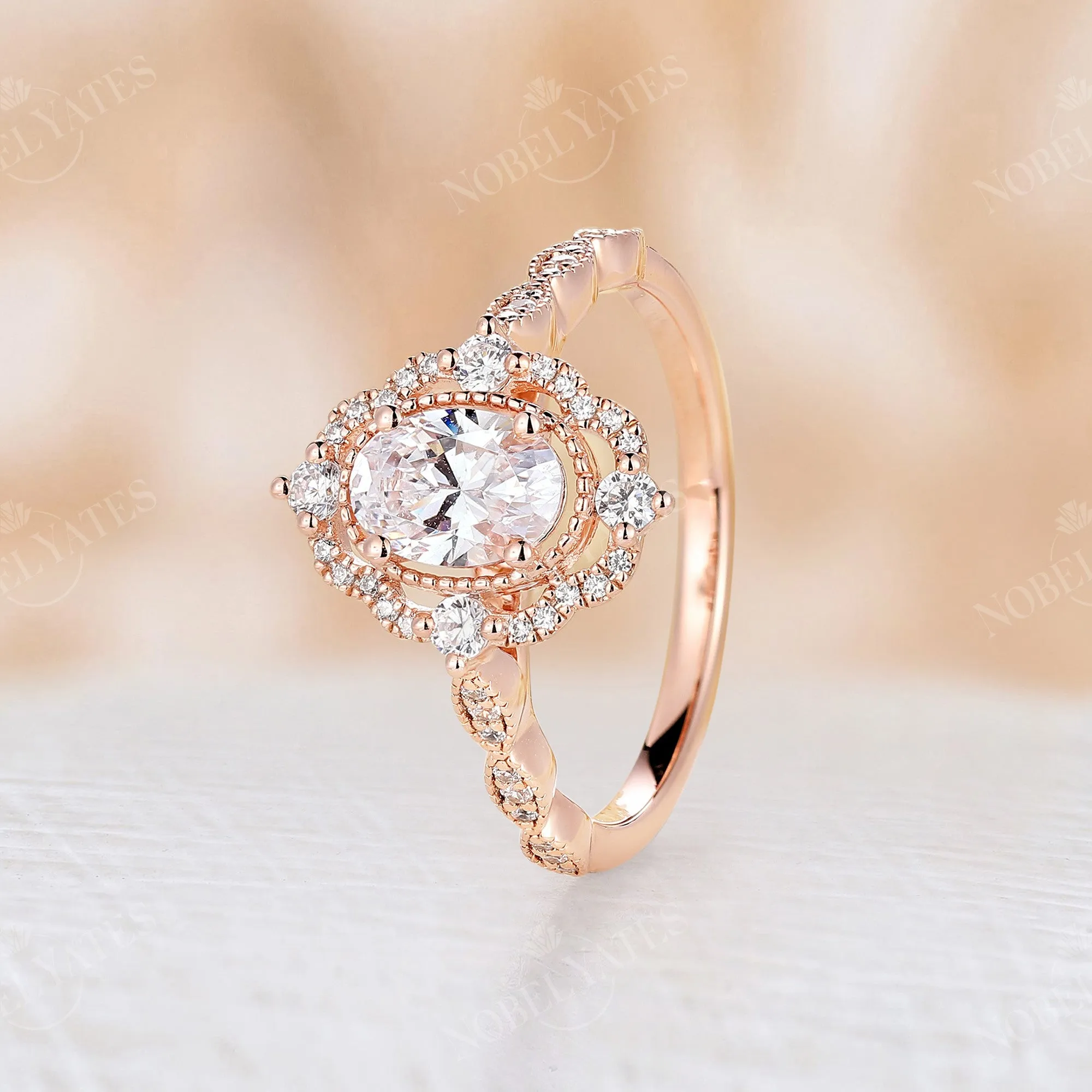 Vintage Oval Shape Moissanite Rose Gold Milgrain Engagement Ring