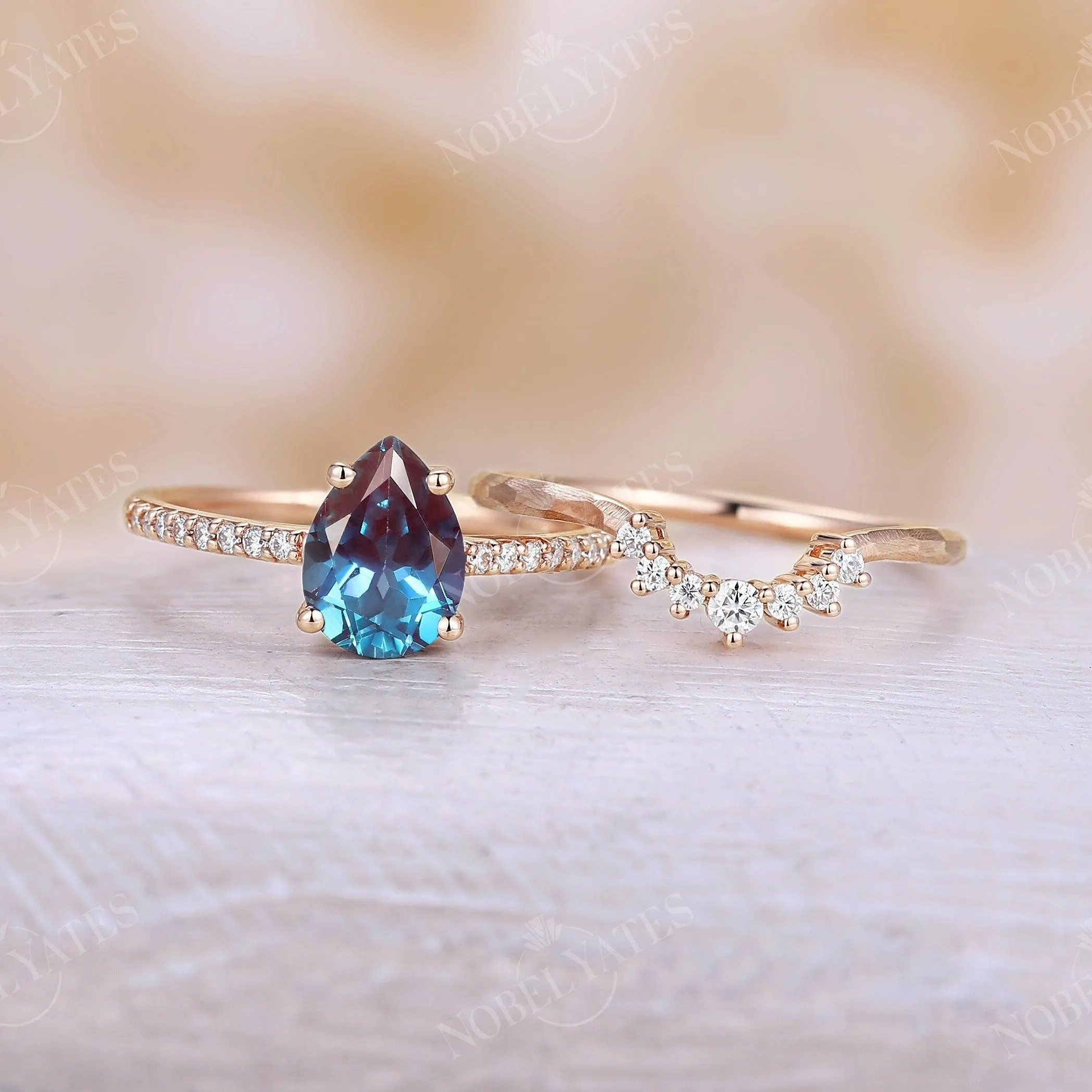 Vintage Pear Alexandrite Bridal set Hammered Rose Gold