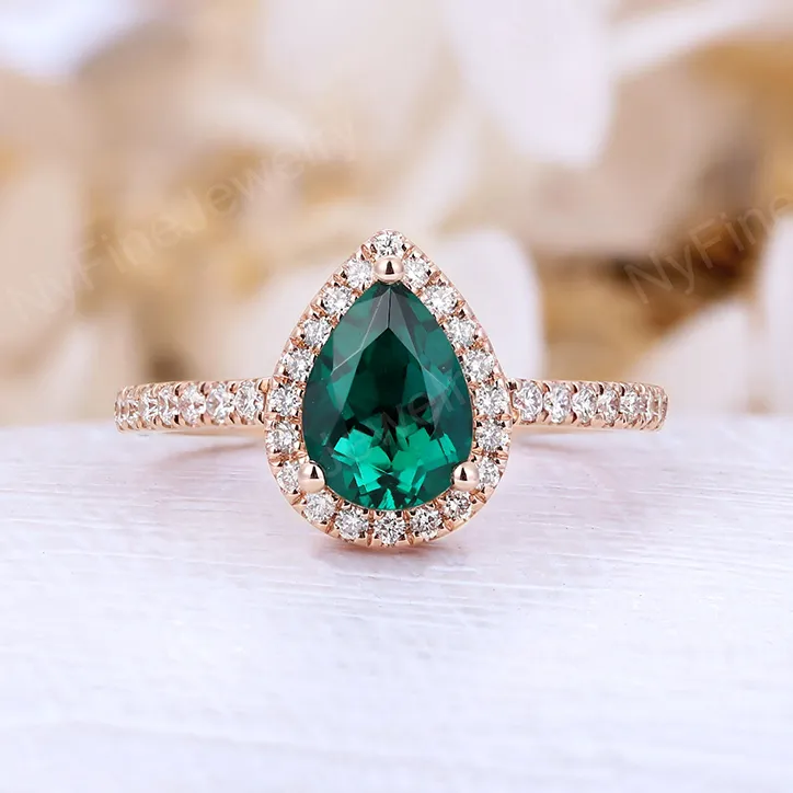 Vintage Pear Emerald Halo Engagement Ring Rose Gold