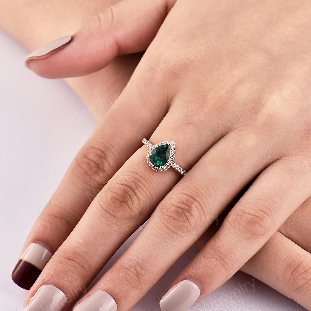 Vintage Pear Emerald Halo Engagement Ring Rose Gold