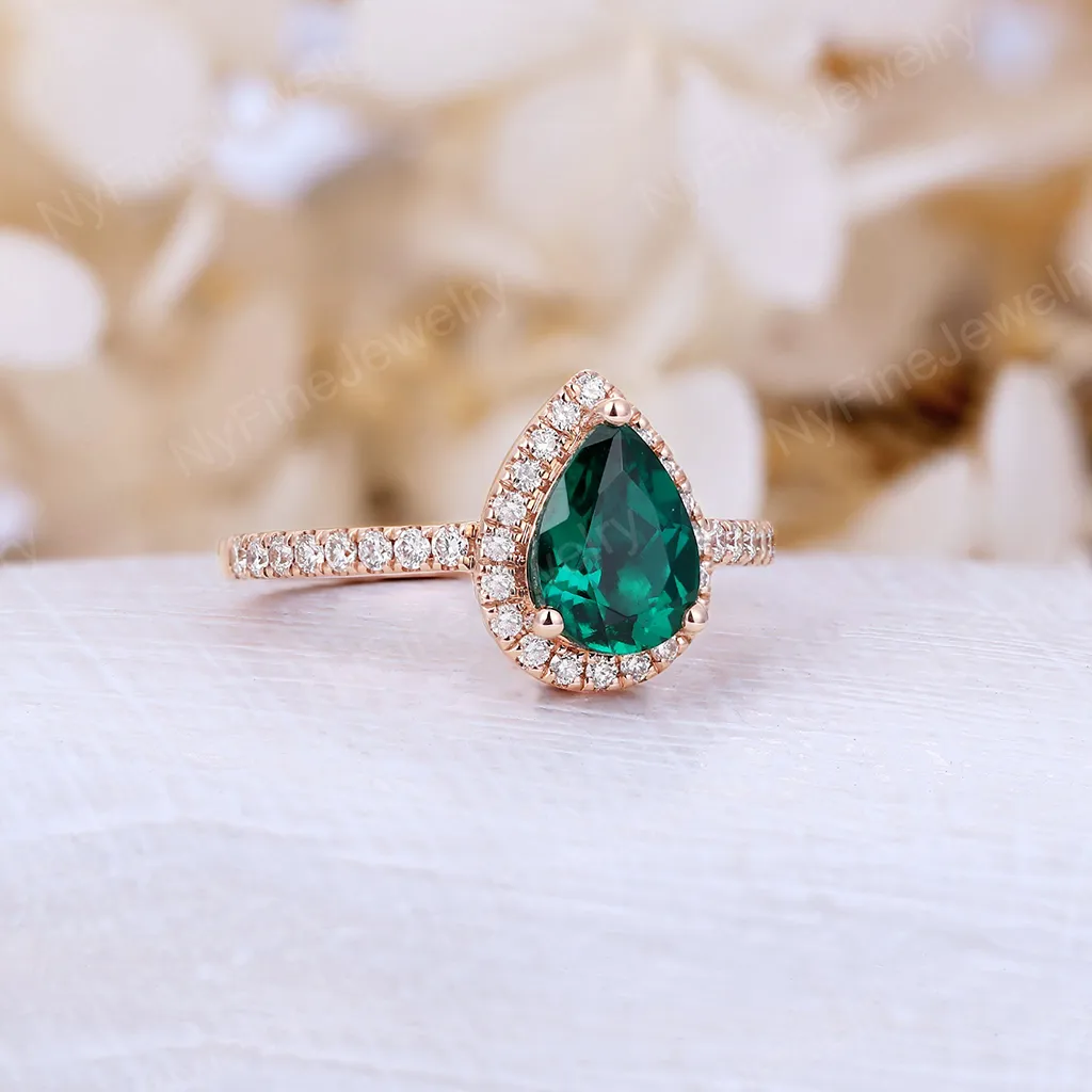 Vintage Pear Emerald Halo Engagement Ring Rose Gold