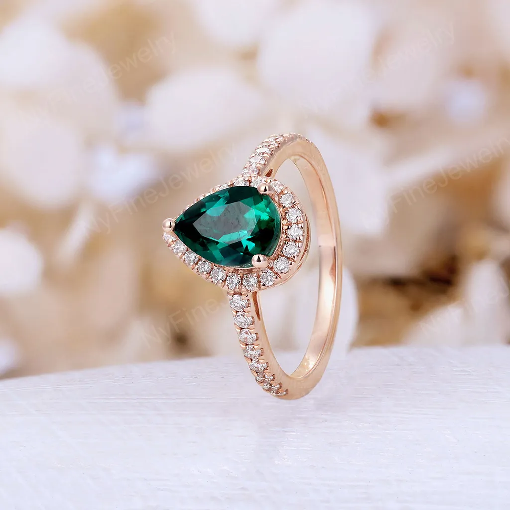 Vintage Pear Emerald Halo Engagement Ring Rose Gold