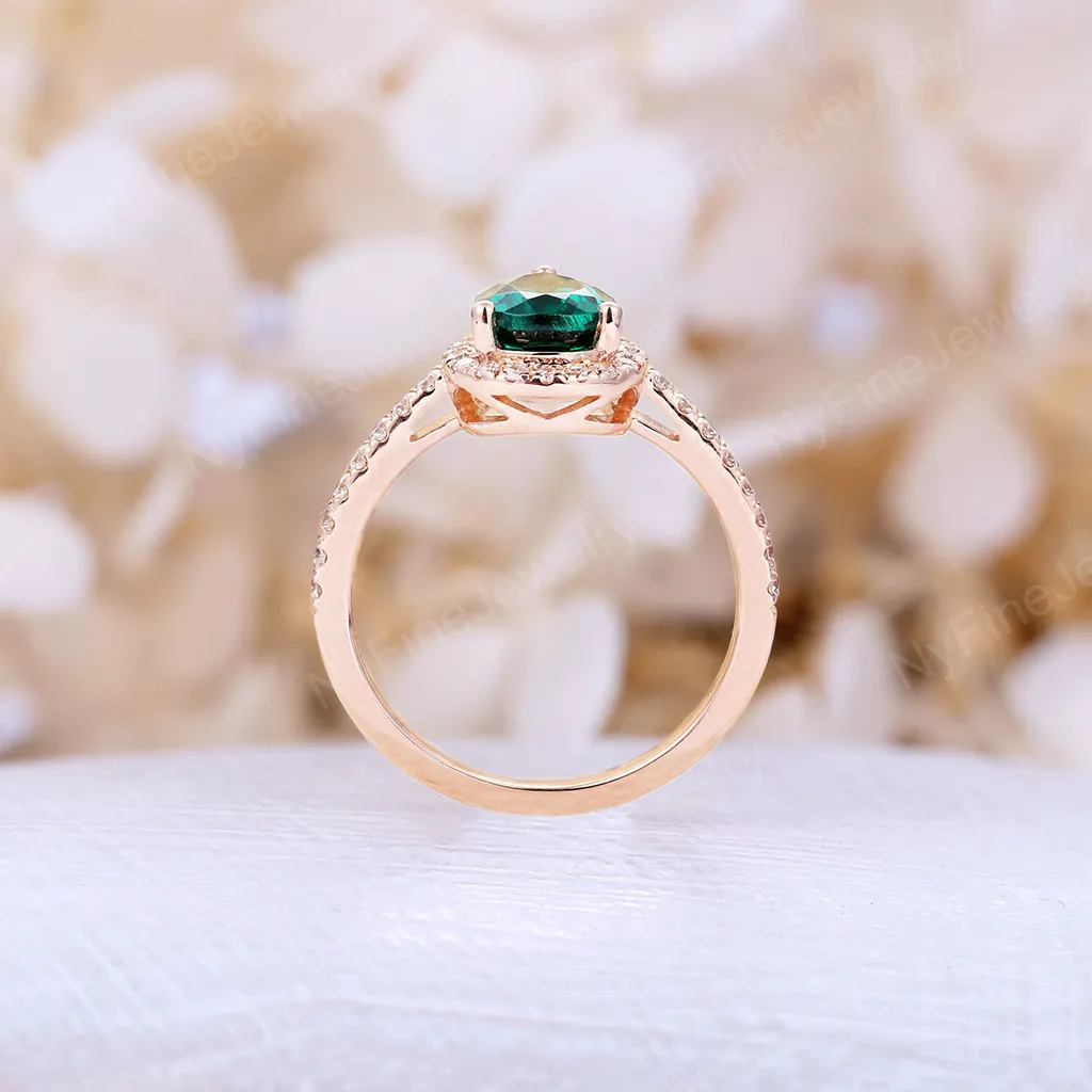 Vintage Pear Emerald Halo Engagement Ring Rose Gold