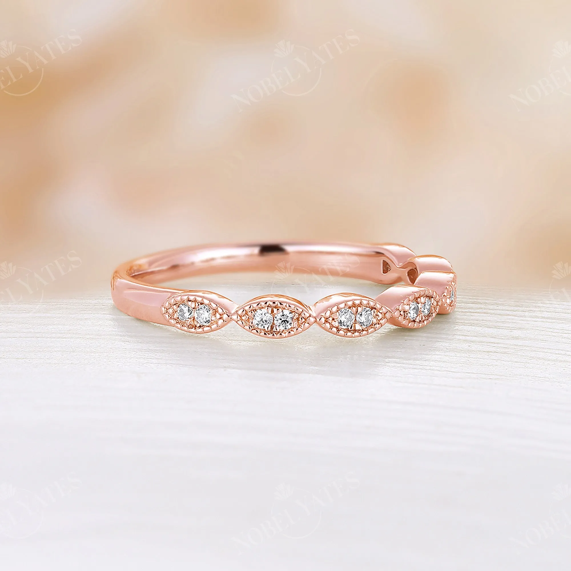 Vintage Round Moissanite Rose Gold Milgrain Wedding Band