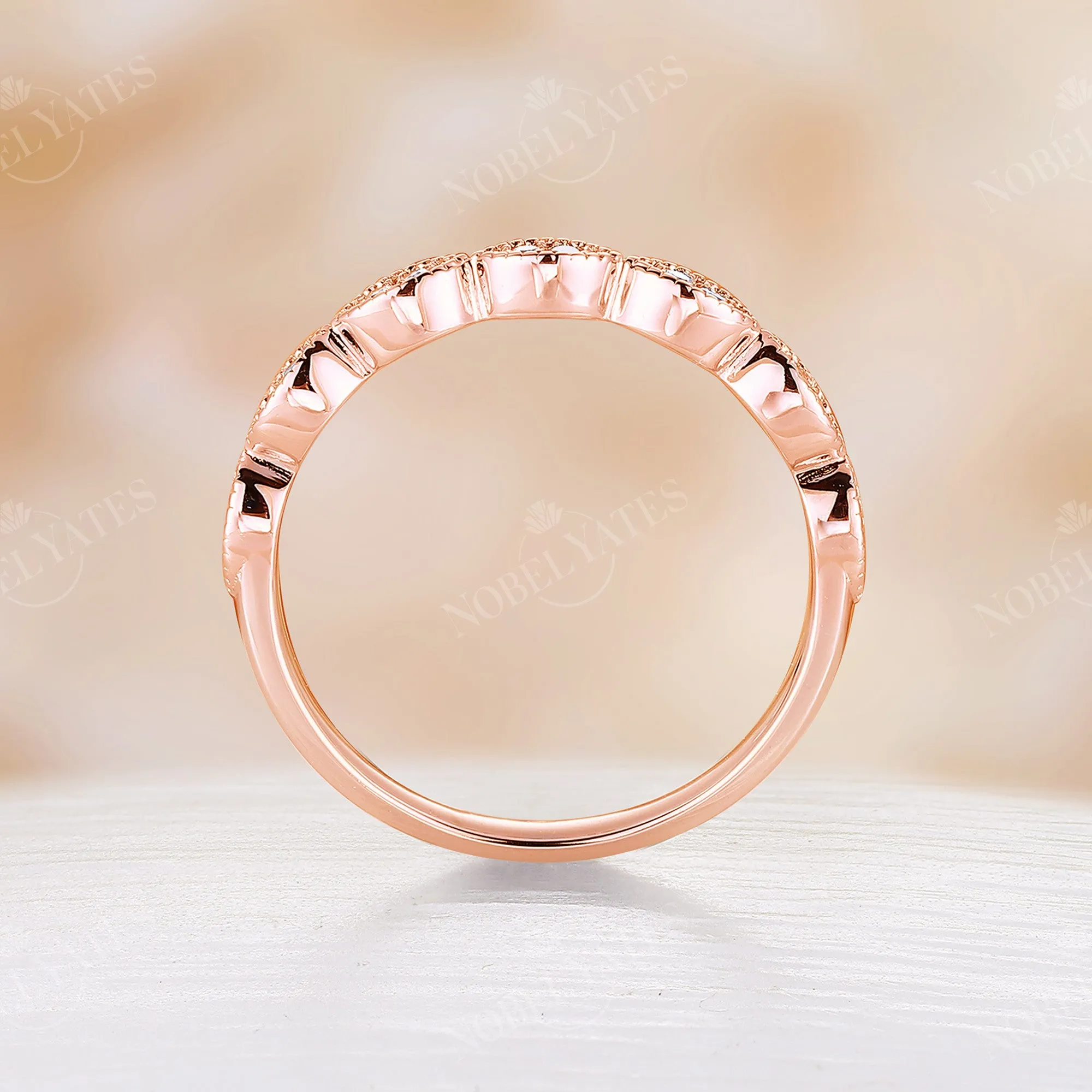 Vintage Round Moissanite Rose Gold Milgrain Wedding Band