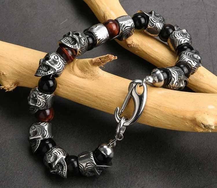 Vintage Stainless Steel 8mm Natural Stone Skull Bracelet