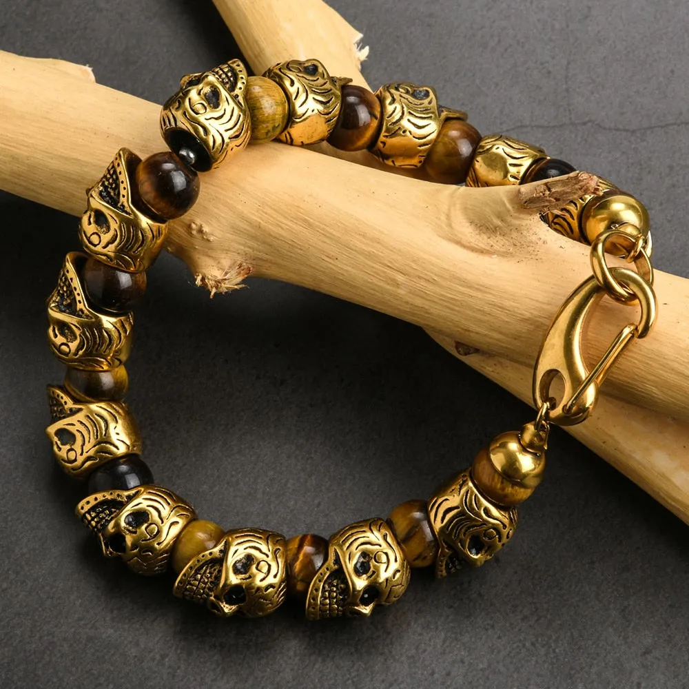 Vintage Stainless Steel 8mm Natural Stone Skull Bracelet