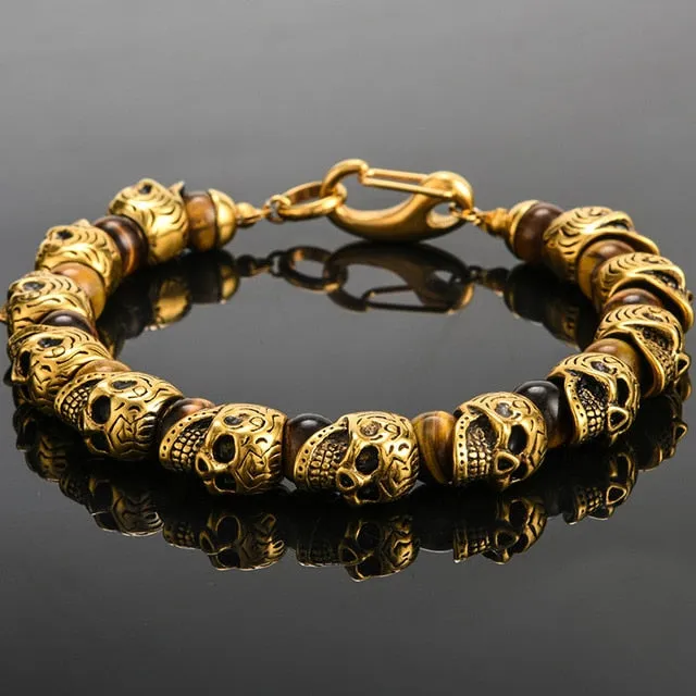 Vintage Stainless Steel 8mm Natural Stone Skull Bracelet