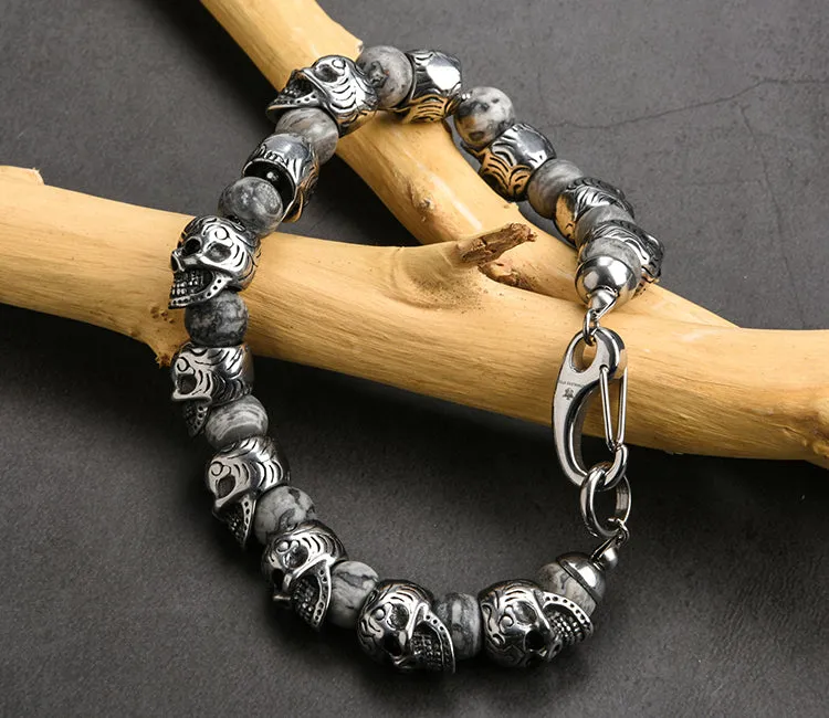 Vintage Stainless Steel 8mm Natural Stone Skull Bracelet