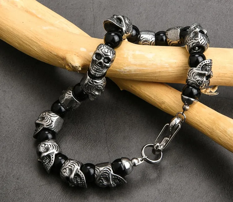 Vintage Stainless Steel 8mm Natural Stone Skull Bracelet