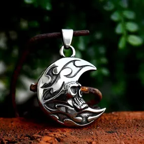 Vintage Stainless Steel Skull Moon Face Pendant Necklace